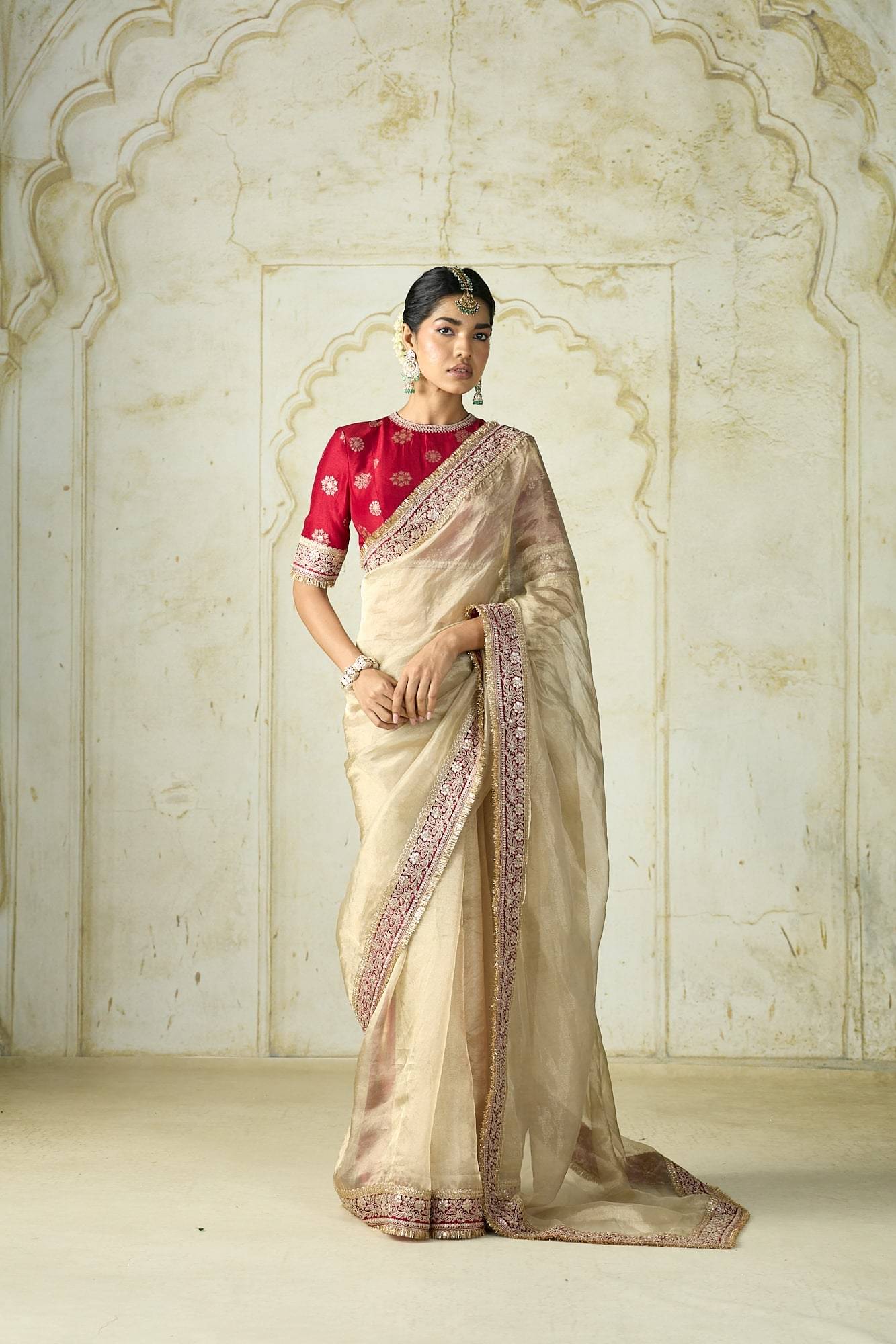 Lady Shopi Net Embroidered Regular Saree With Unstitched Blouse Piece ( Cream ) Lady Shopi Net Embroidered Regular Saree With Unstitched Blouse Piece ( Cream )