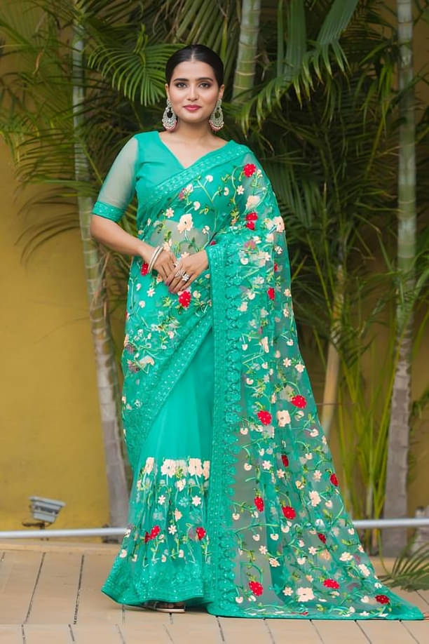     			Lady Shopi Net Embroidered Regular Saree With Unstitched Blouse Piece ( Sky Blue )