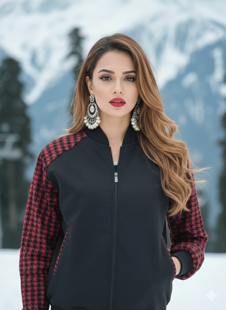 Lihana Women V-Neck Bomber Jacket ( Black ) Lihana Women V-Neck Bomber Jacket ( Black )