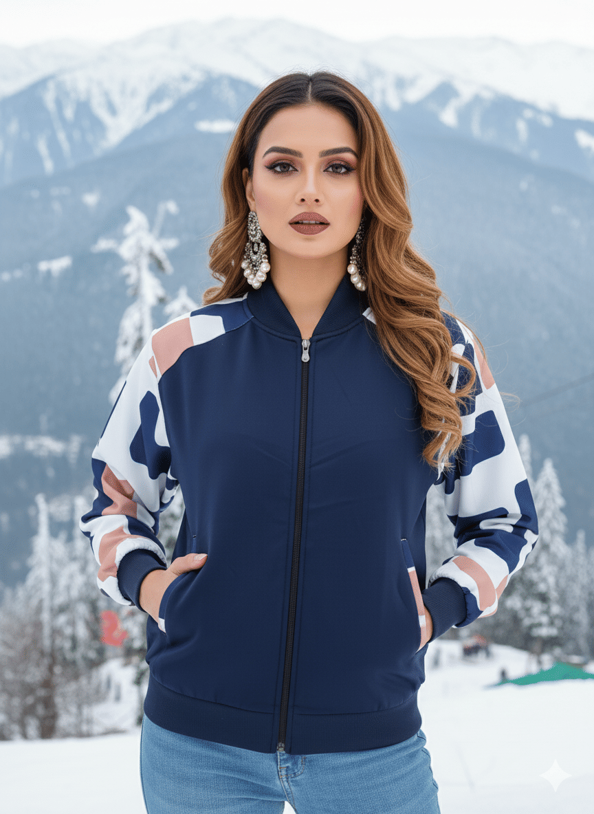 Lihana Women V-Neck Bomber Jacket ( Navy Blue ) Lihana Women V-Neck Bomber Jacket ( Navy Blue )