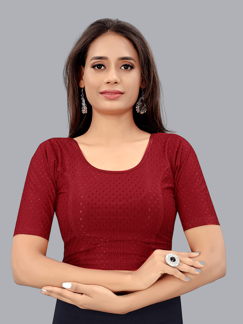 MAATE Lycra Readymade without Pad Round Neck Women's Blouse ( Maroon ) MAATE Lycra Readymade without Pad Round Neck Women's Blouse ( Maroon )