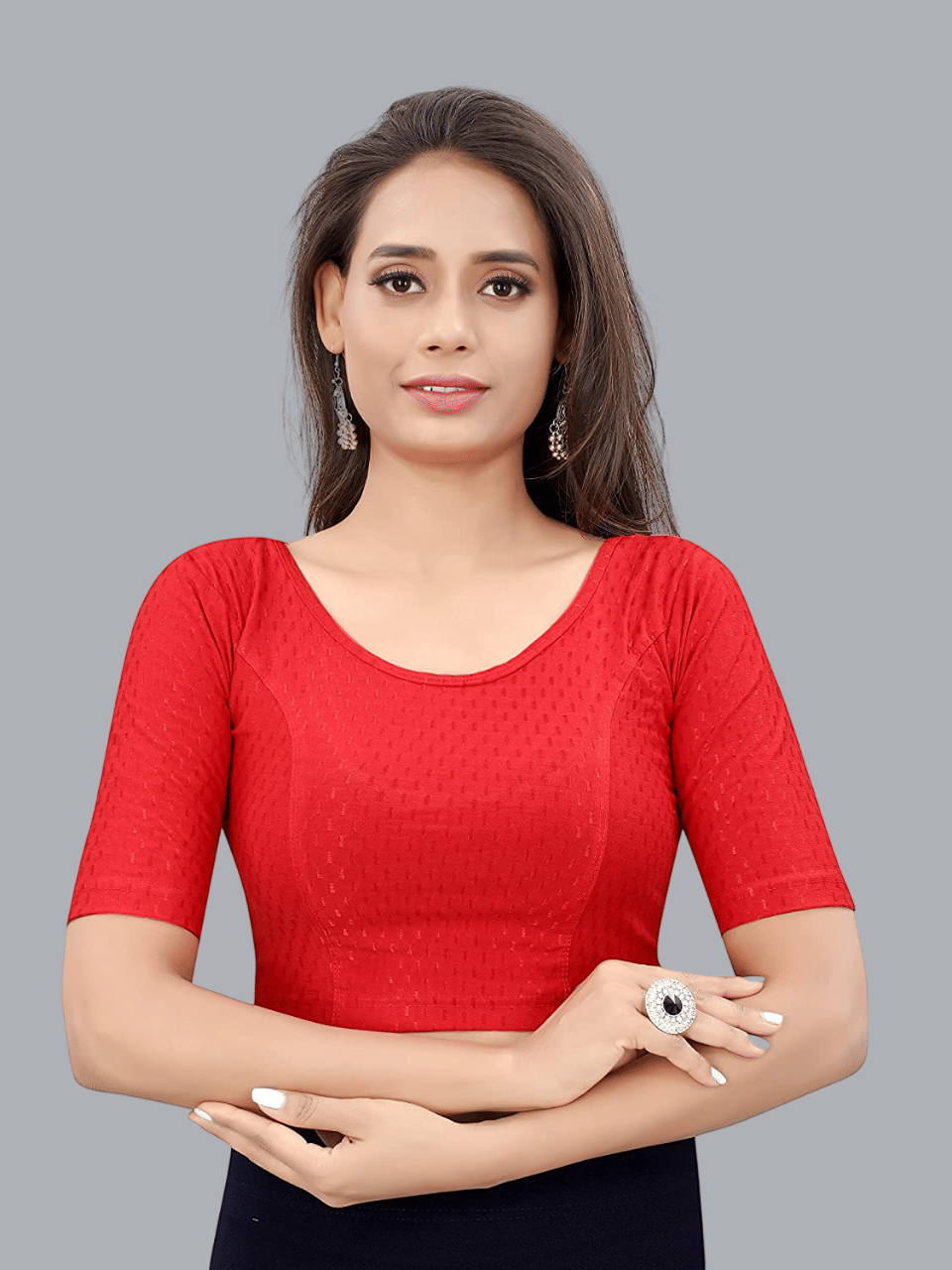 MAATE Lycra Readymade without Pad Round Neck Women's Blouse ( Red ) MAATE Lycra Readymade without Pad Round Neck Women's Blouse ( Red )