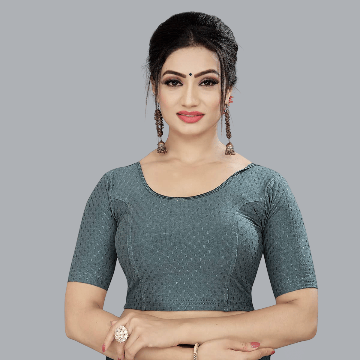 MAATE Lycra Readymade without Pad Round Neck Women's Blouse ( Grey ) MAATE Lycra Readymade without Pad Round Neck Women's Blouse ( Grey )