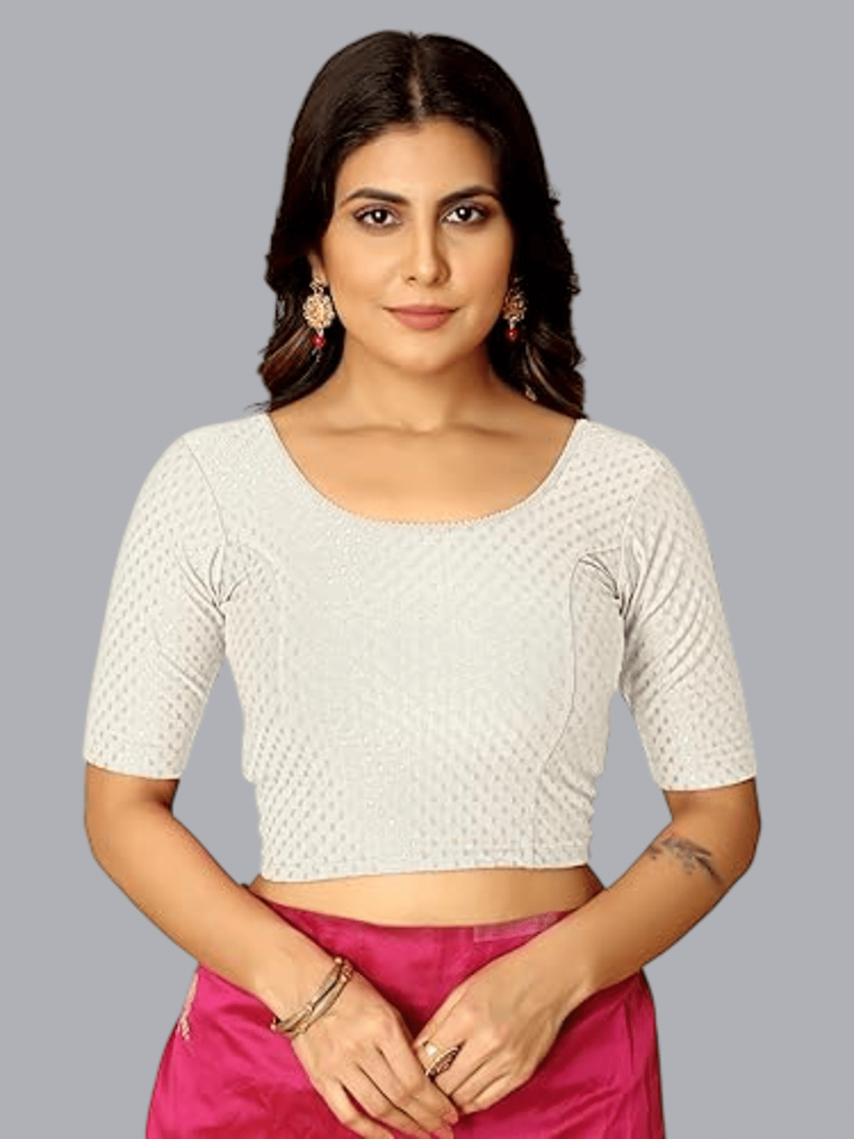 MAATE Lycra Readymade without Pad Round Neck Women's Blouse ( White ) MAATE Lycra Readymade without Pad Round Neck Women's Blouse ( White )