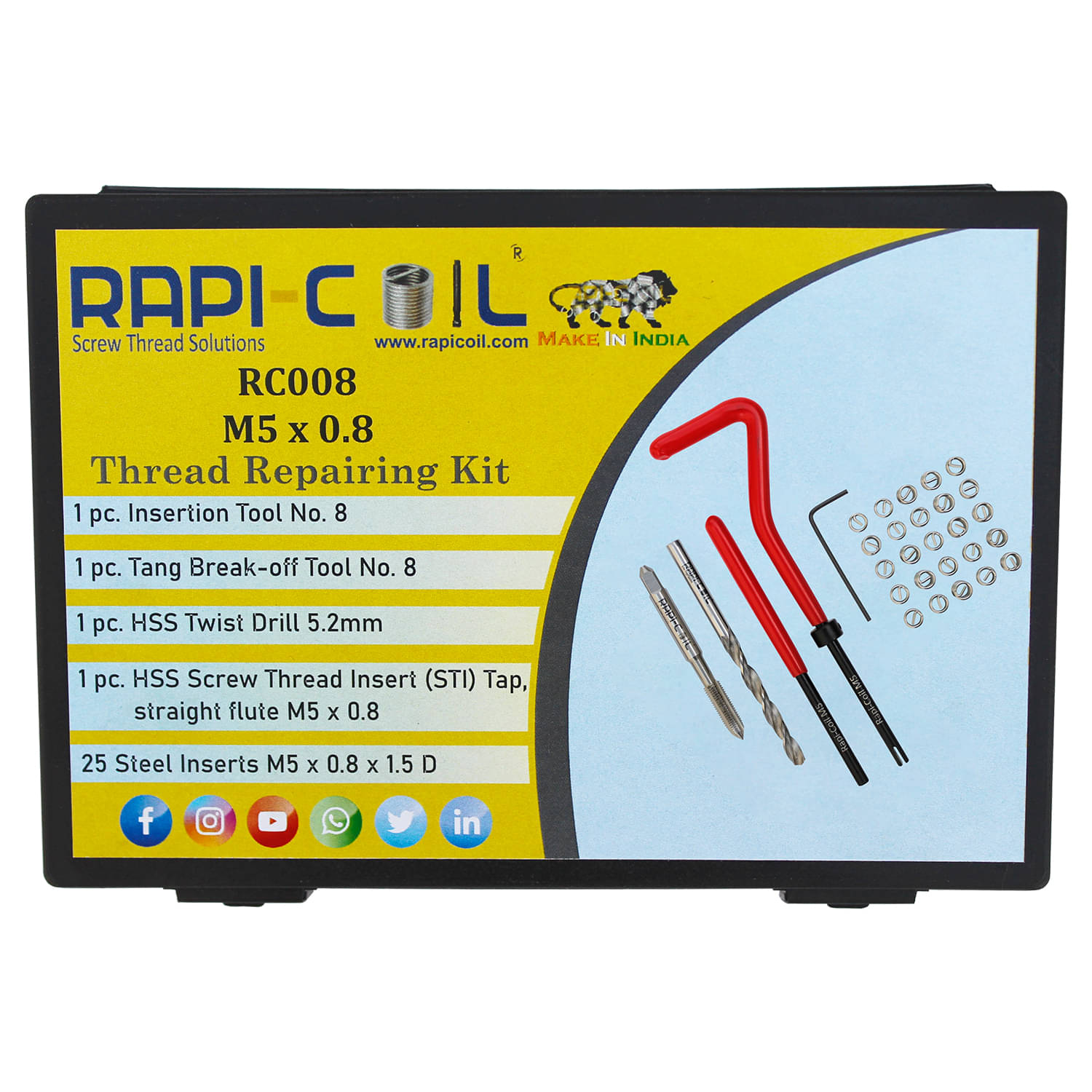     			RAPI-COIL (M5 x 0.8) Thread Repair Kit Stainless Steel Helicoil Insert 304 High-Speed Steel