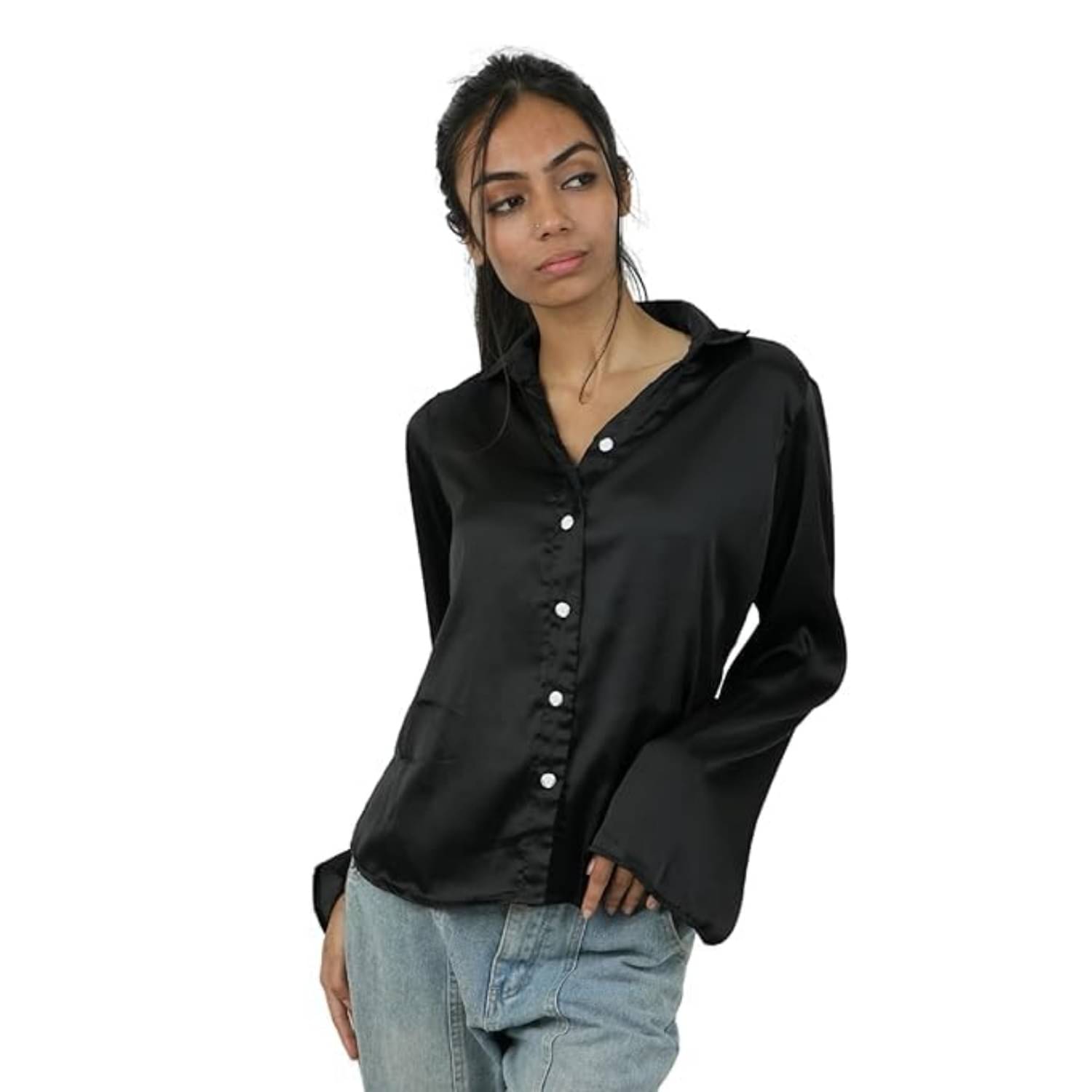 Ridaa Women Solid Satin Shirt ( Black ) Ridaa Women Solid Satin Shirt ( Black )