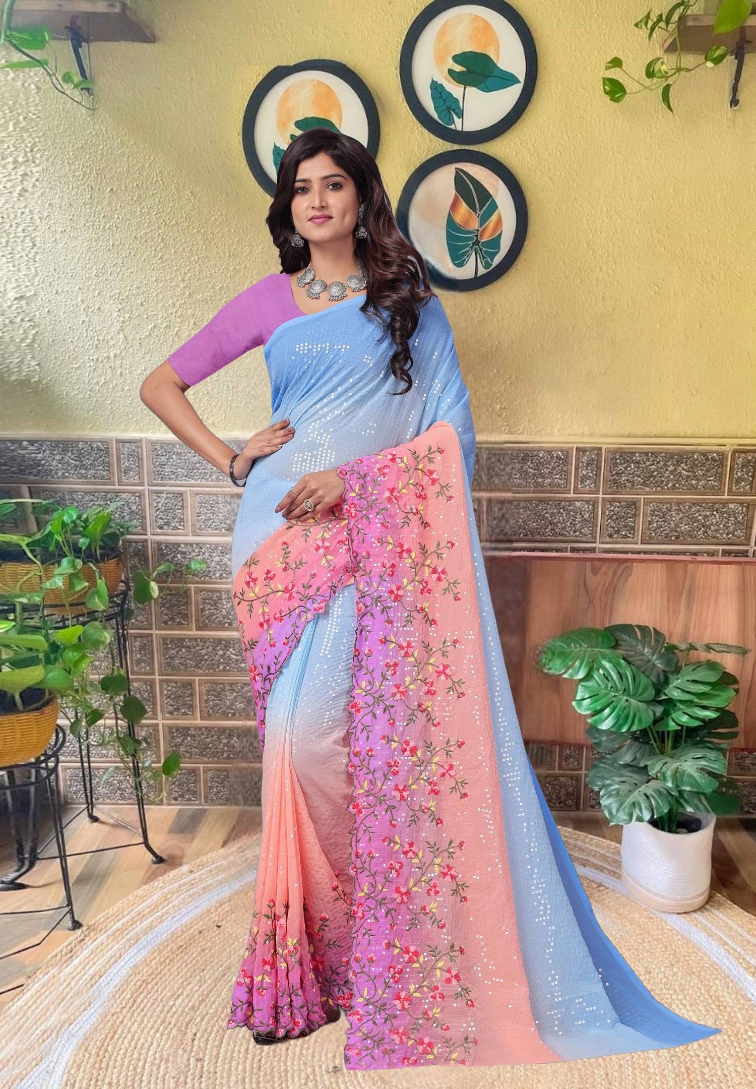 SATVASHIV Georgette Embroidered Regular Saree With Unstitched Blouse Piece ( Sky Blue ) SATVASHIV Georgette Embroidered Regular Saree With Unstitched Blouse Piece ( Sky Blue )