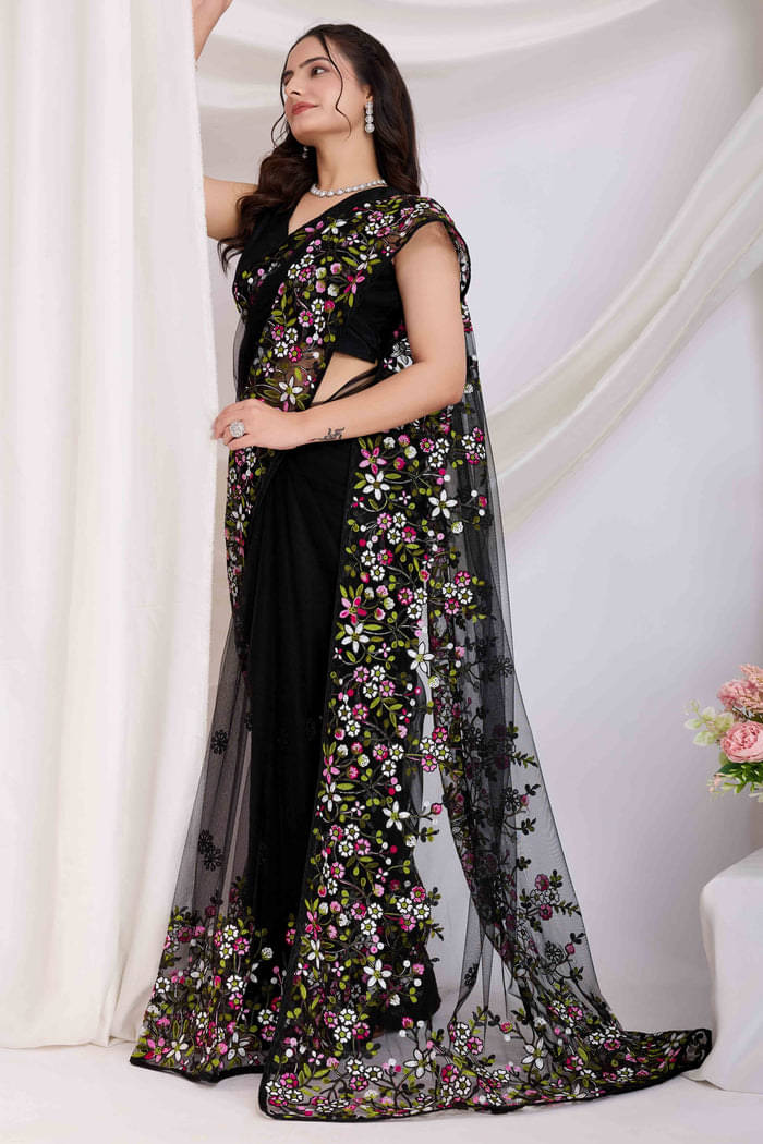     			SATVASHIV Net Embroidered Regular Saree With Unstitched Blouse Piece ( Black )