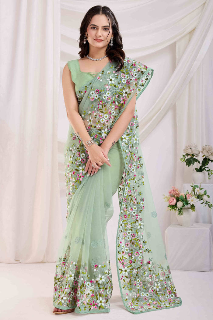 SATVASHIV Net Embroidered Regular Saree With Unstitched Blouse Piece ( Sea Green ) SATVASHIV Net Embroidered Regular Saree With Unstitched Blouse Piece ( Sea Green )