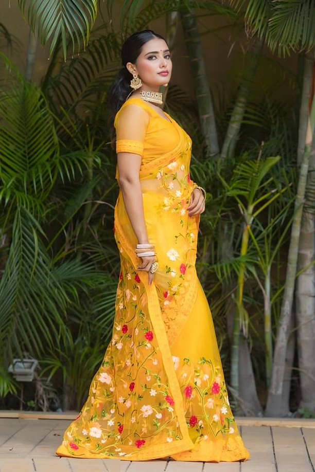 SATVASHIV Net Embroidered Regular Saree With Unstitched Blouse Piece ( Yellow ) SATVASHIV Net Embroidered Regular Saree With Unstitched Blouse Piece ( Yellow )