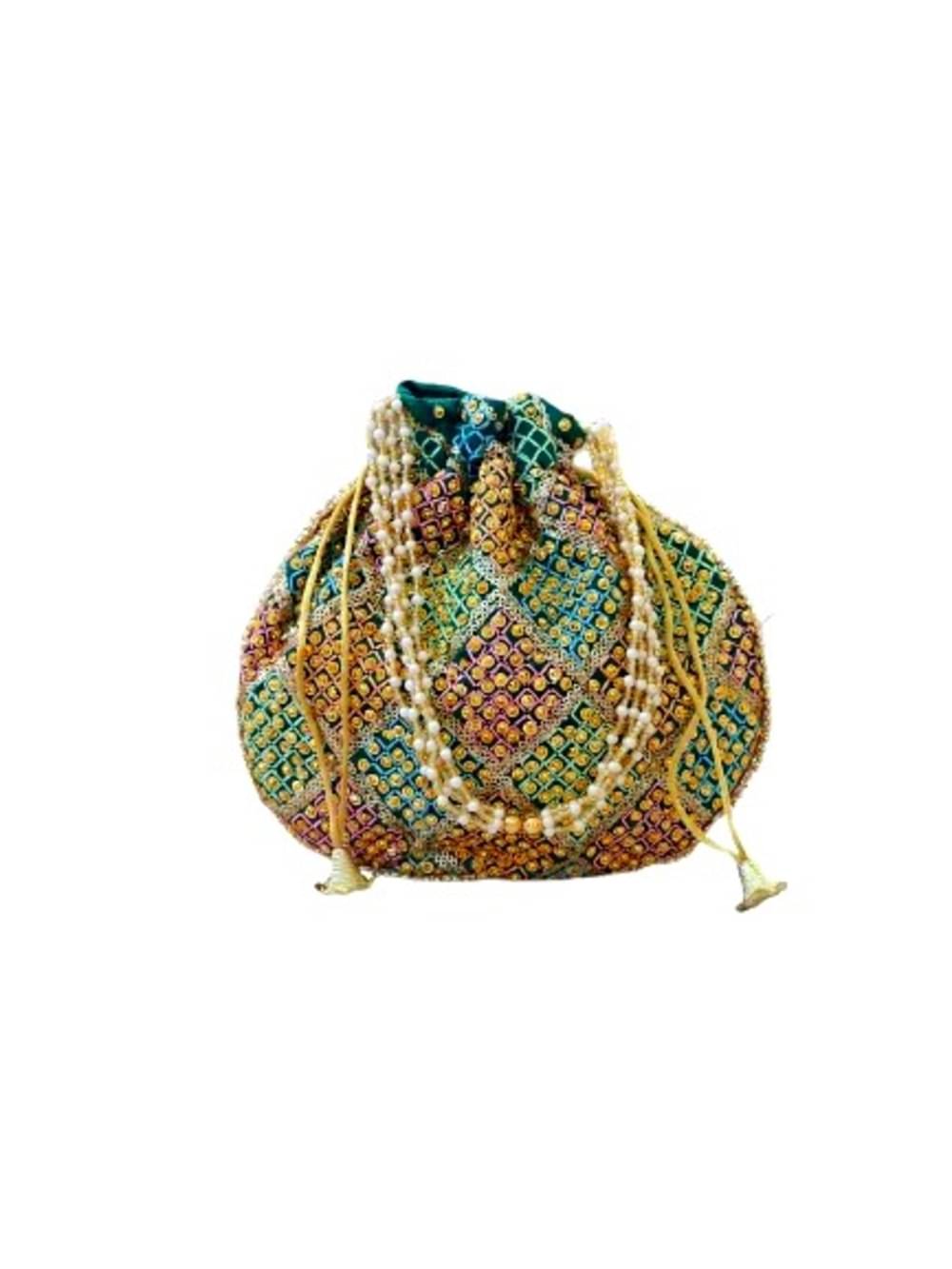     			SUNESH CREATION Green Fabric Potli