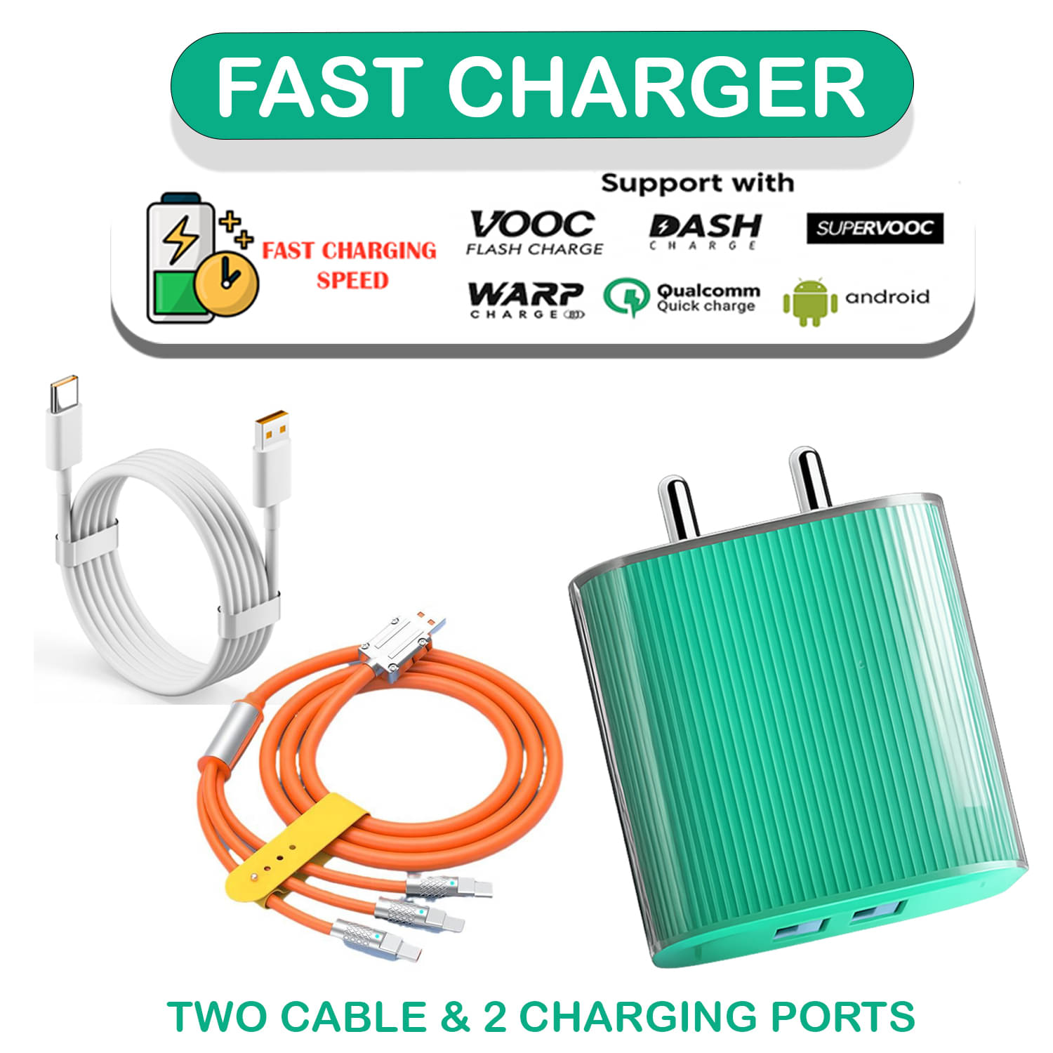 Super-Fast Wall Charger with Dual Cable Set | Type-C + 3-in-1 Multi USB Cable | Compatible with All Devices Super-Fast Wall Charger with Dual Cable Set | Type-C + 3-in-1 Multi USB Cable | Compatible with All Devices