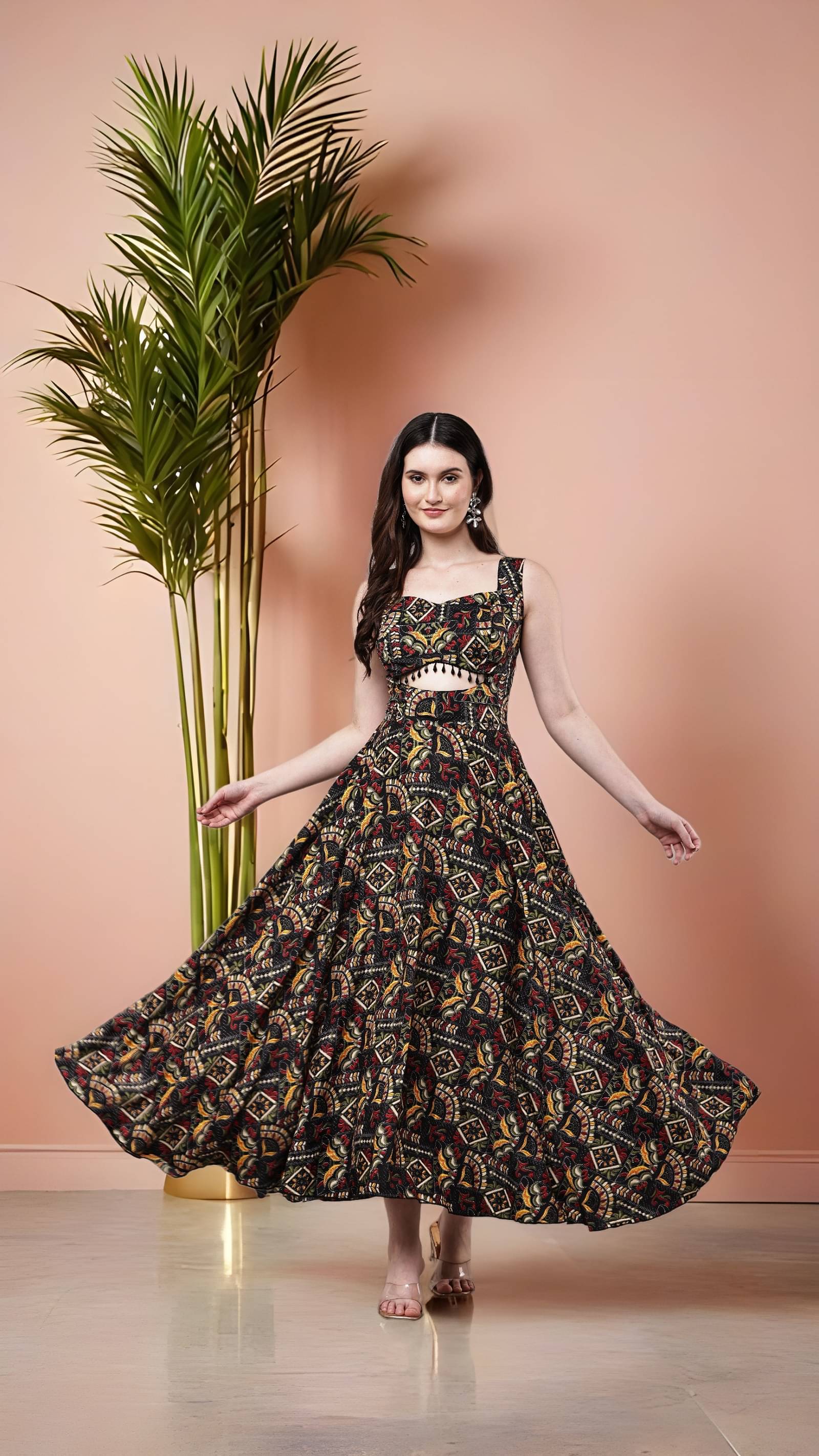 TEWATIA BROTHERS Women Crepe Printed Fit & Flare Dress ( Black )     			TEWATIA BROTHERS Women Crepe Printed Fit & Flare Dress ( Black )