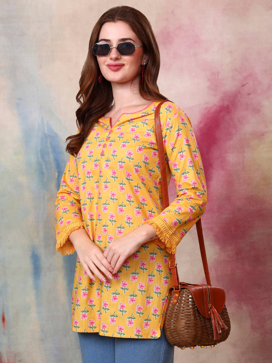 Tissu Women Cotton Printed Straight Kurti ( Yellow ) - Kurtis, Tunics | Buy online on ZillyBuy