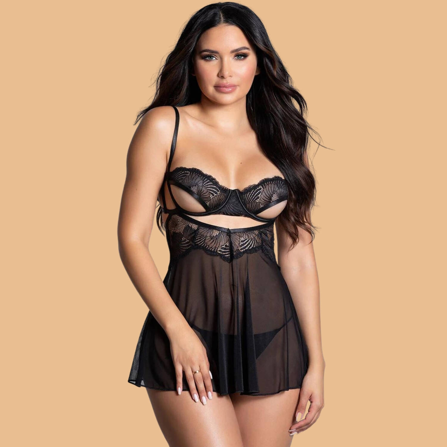     			Zerjama Black Net Women Baby Doll Dress With Panty