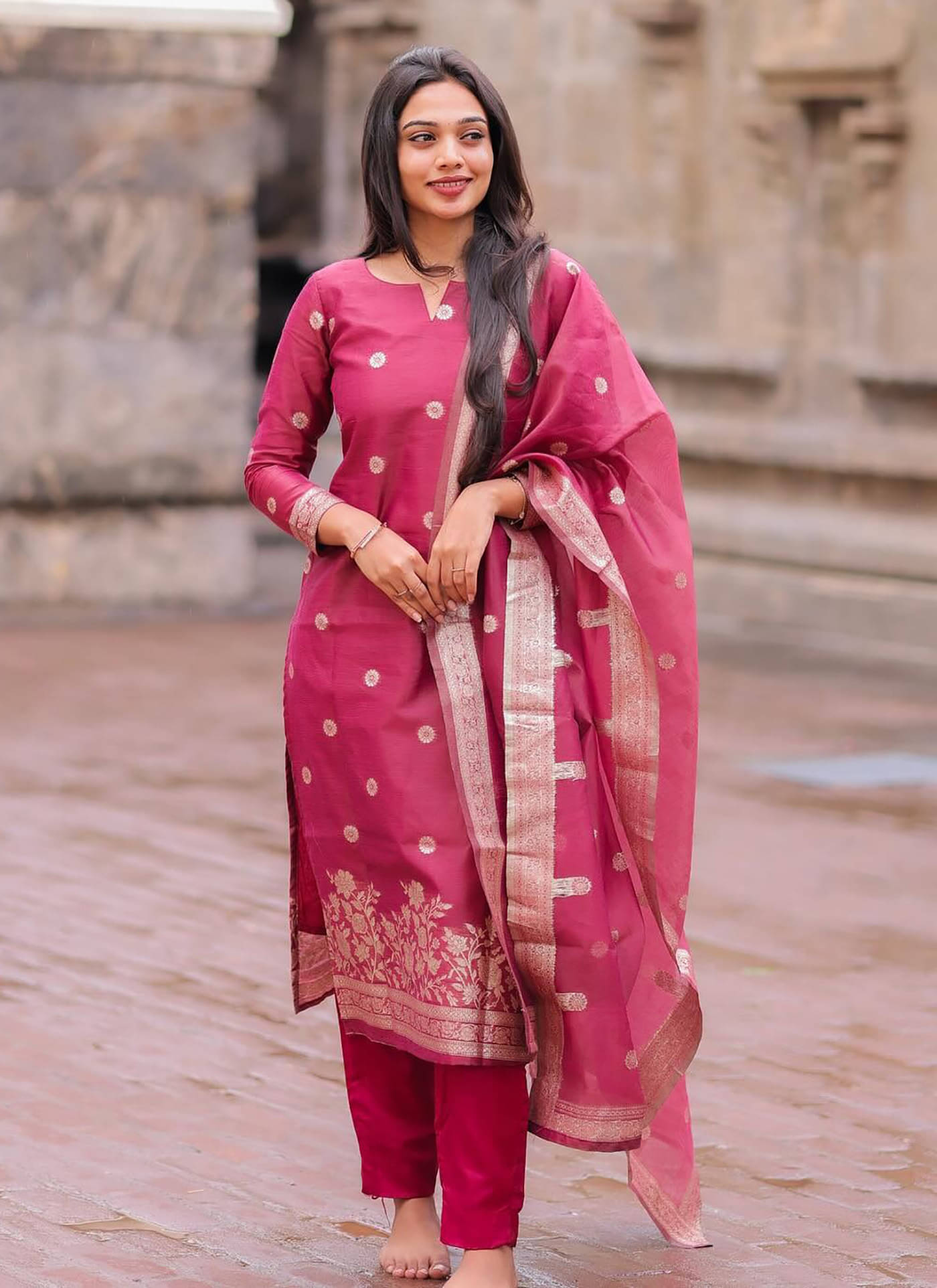 kedar fab Women Silk Blend Self Design Straight Kurti With Pants ( Pink ) kedar fab Women Silk Blend Self Design Straight Kurti With Pants ( Pink )