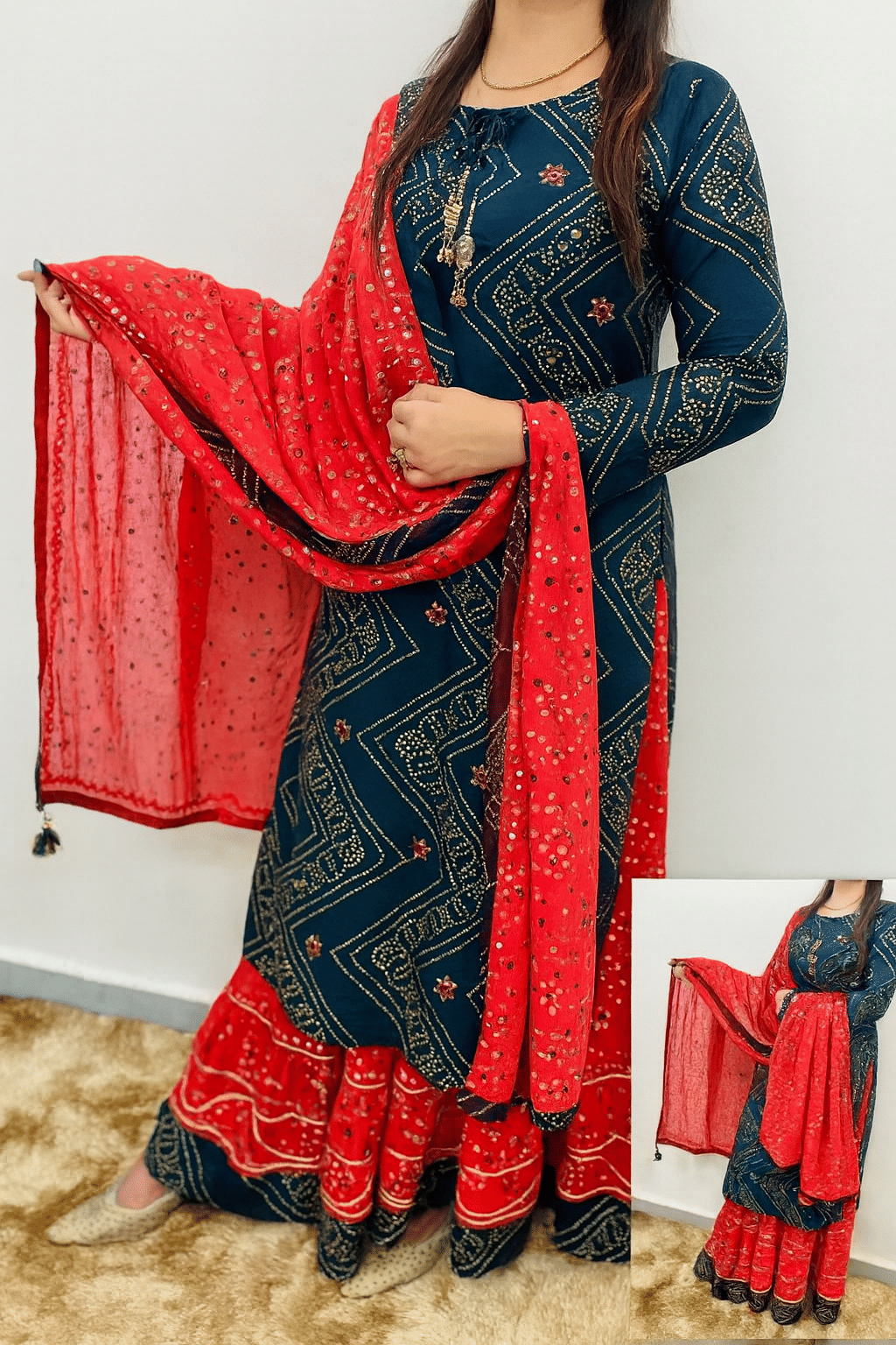 vastra loom Women Cotton Blend Embroidered Straight Kurti With Sharara And Gharara ( Blue,Red ) vastra loom Women Cotton Blend Embroidered Straight Kurti With Sharara And Gharara ( Blue,Red )