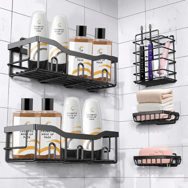     			5 Pack Shower Caddy Stainless Steel Adhesive Shower Shelf Large Storage Bathroom Organizer No Drilling Rustproof Wall Mounted Shower Racks for Shower Kitchen