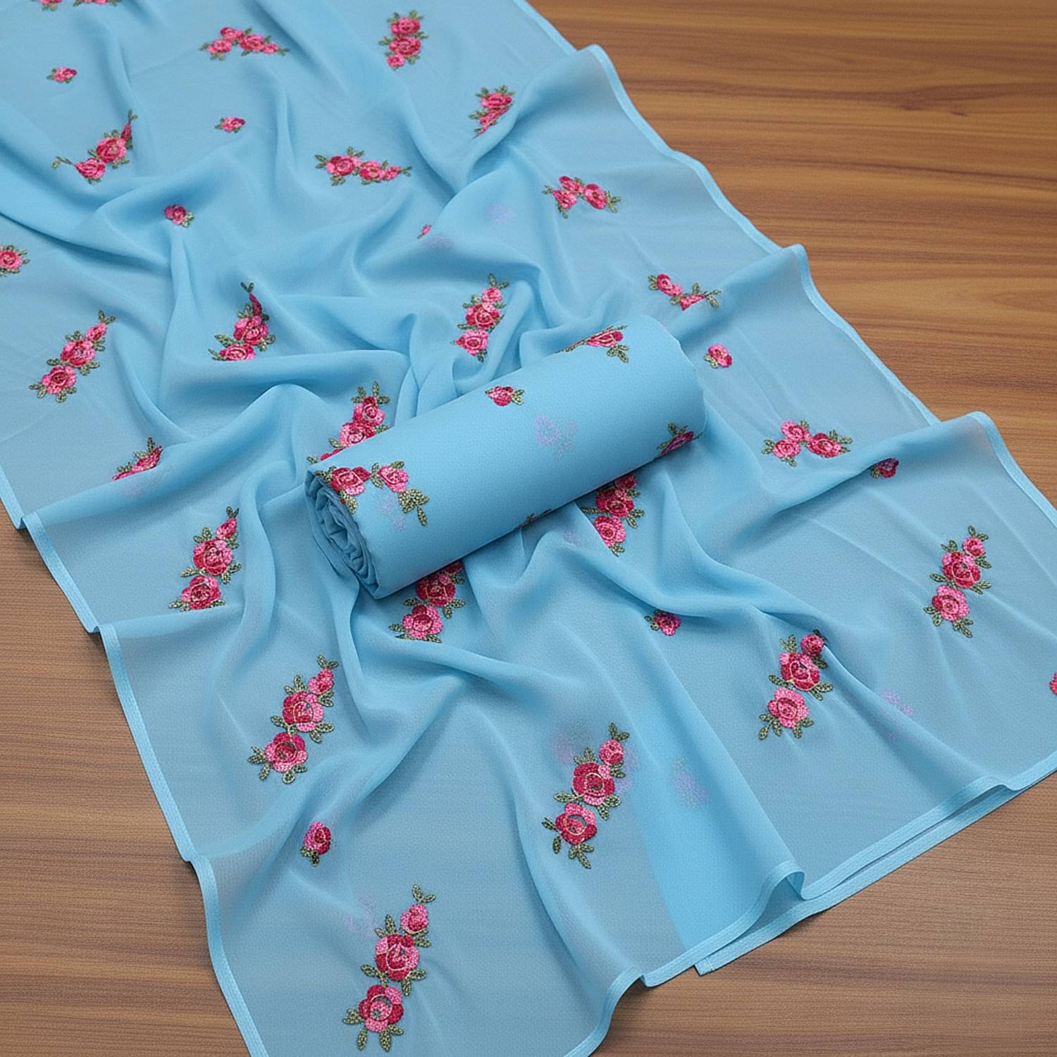 Aika Georgette Embroidered Regular Saree With Unstitched Blouse Piece ( Sky Blue ) Aika Georgette Embroidered Regular Saree With Unstitched Blouse Piece ( Sky Blue )