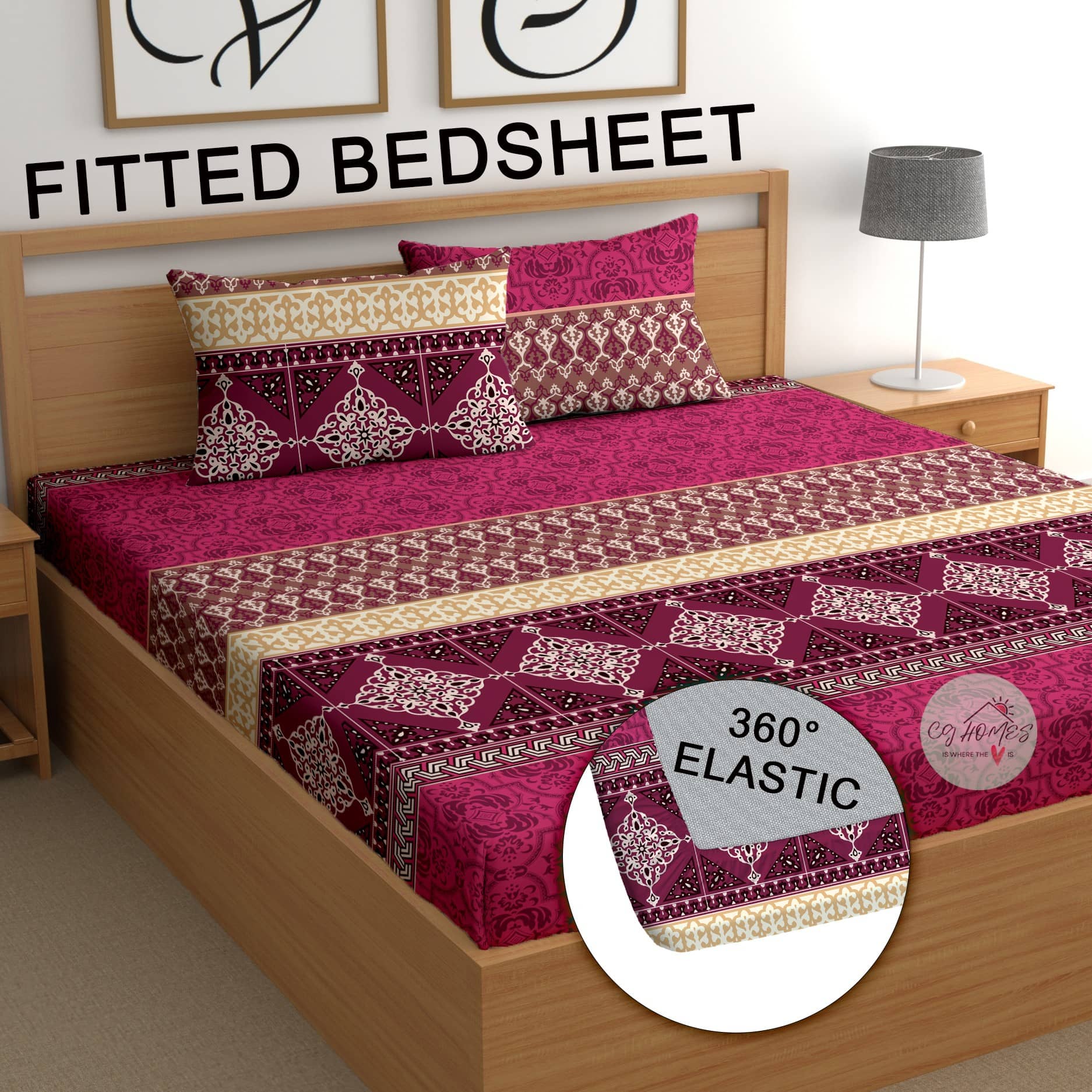 CG HOMES Poly Cotton 1 Double Fitted Bedsheet with 2 Pillow Covers ( 230 cm x 225 cm ) , Maroon