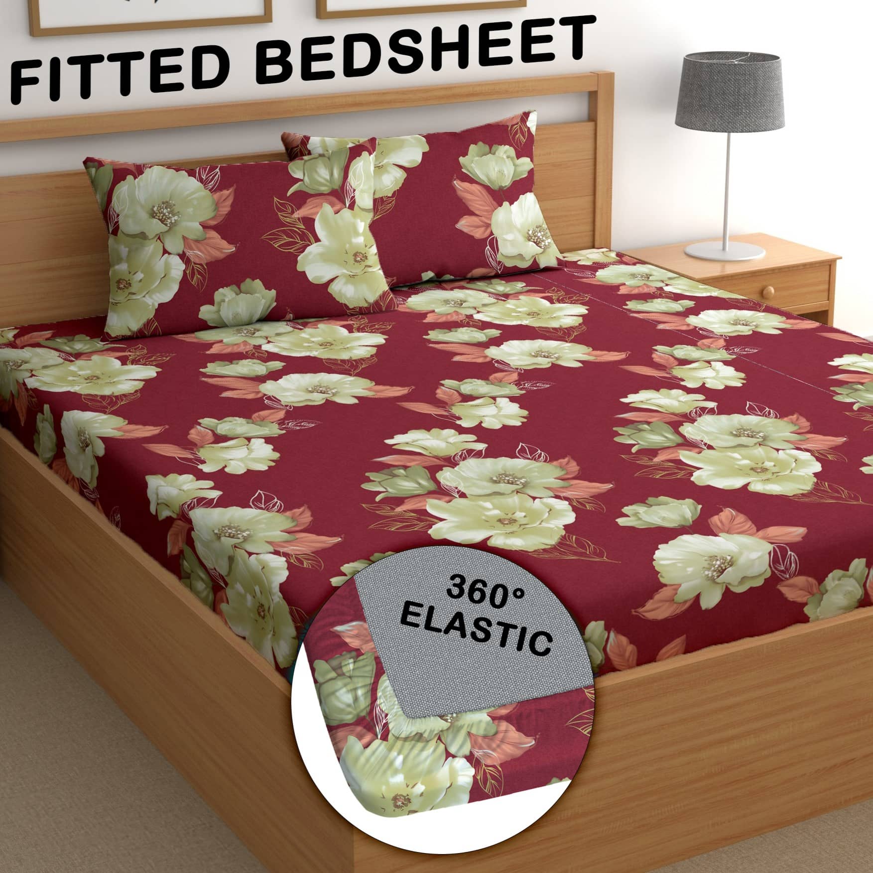 CG HOMES Poly Cotton Floral Fitted 1 Bedsheet with 2 Pillow Covers ( Double Bed ) - Red