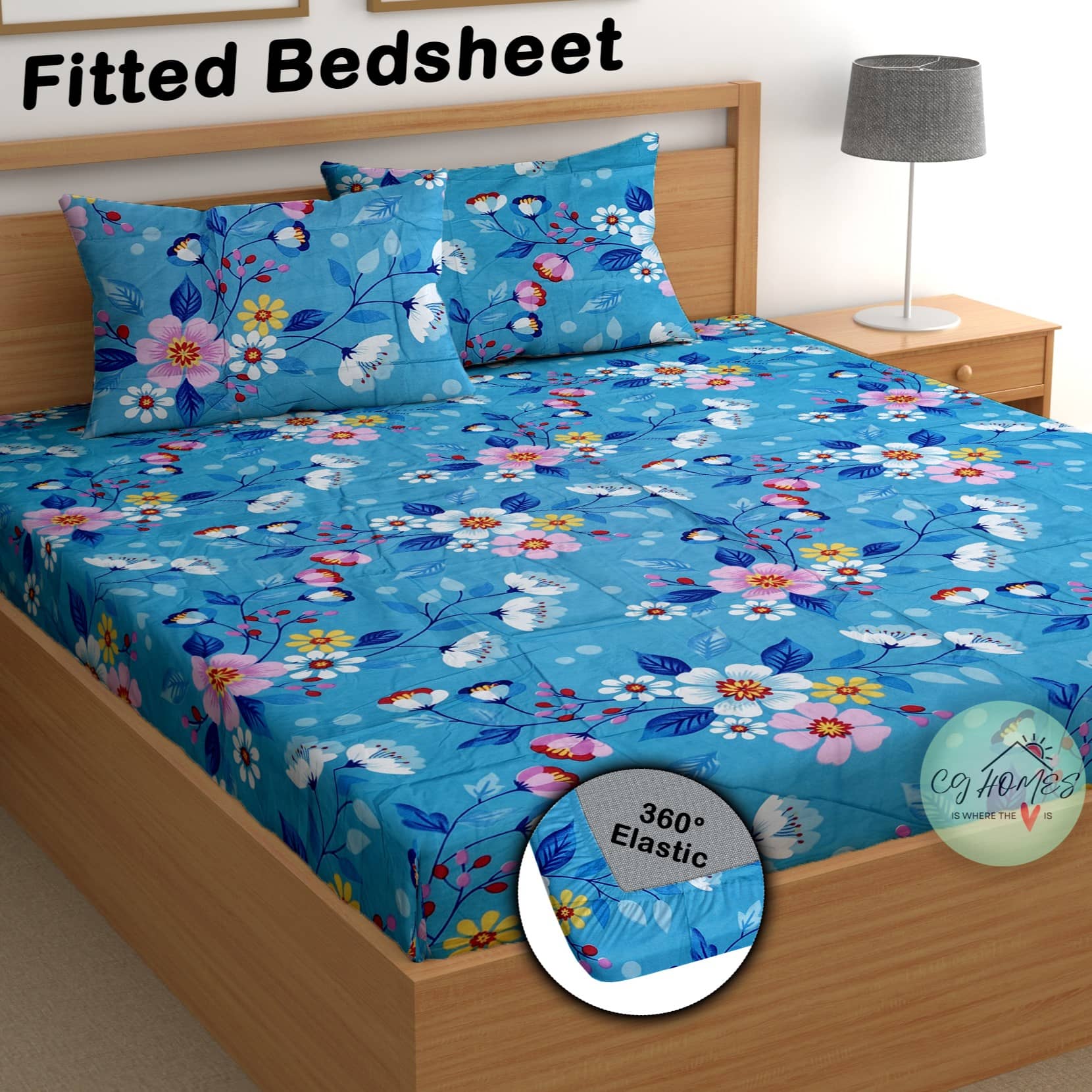 CG HOMES Poly Cotton 1 Double Fitted Bedsheet with 2 Pillow Covers ( 230 cm x 225 cm ) , Blue
