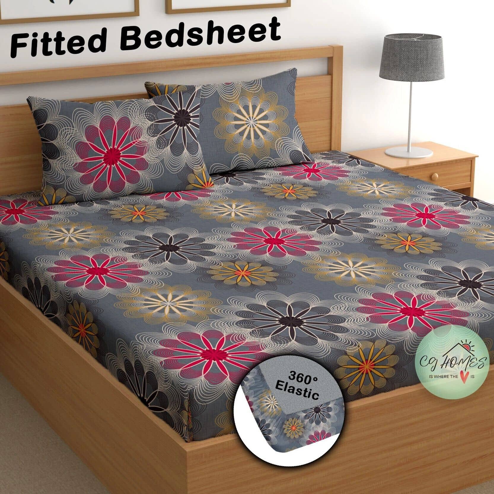 CG HOMES Poly Cotton 1 Double Fitted Bedsheet with 2 Pillow Covers ( 230 cm x 225 cm ) , Gray