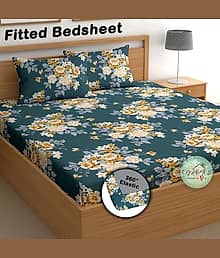 CG HOMES Poly Cotton Floral Fitted Bedsheet ( Double Bed ) - Green