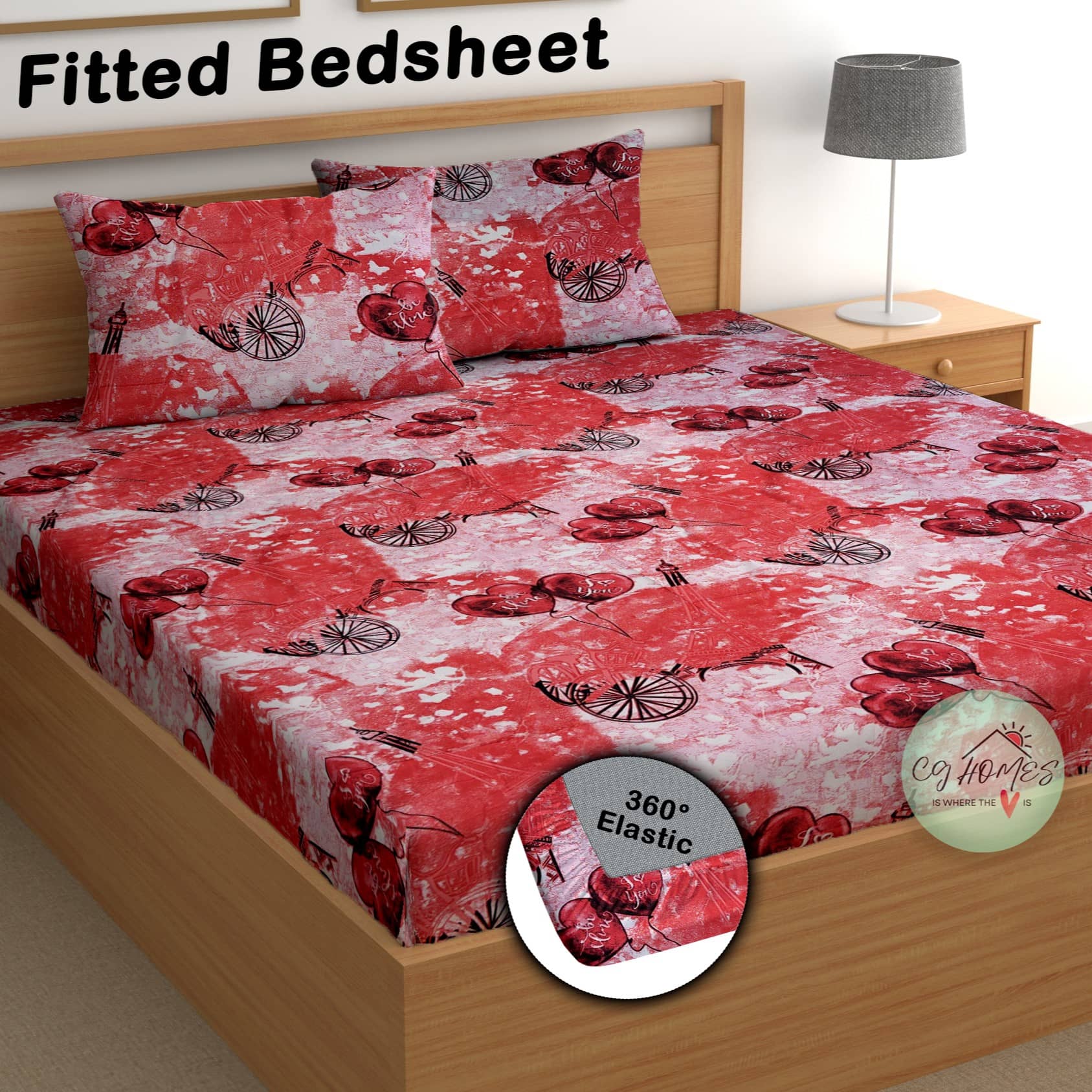 CG HOMES Poly Cotton 1 Double Fitted Bedsheet with 2 Pillow Covers ( 230 cm x 225 cm ) , Red