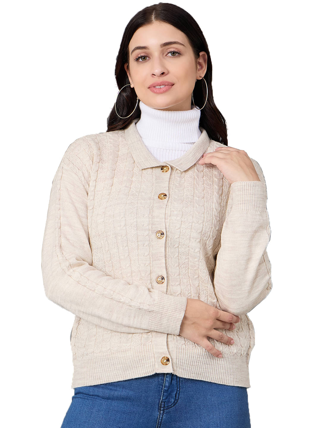 Club York Women Acrylic Polo Collar Cardigan ( Off White ) Club York Women Acrylic Polo Collar Cardigan ( Off White )
