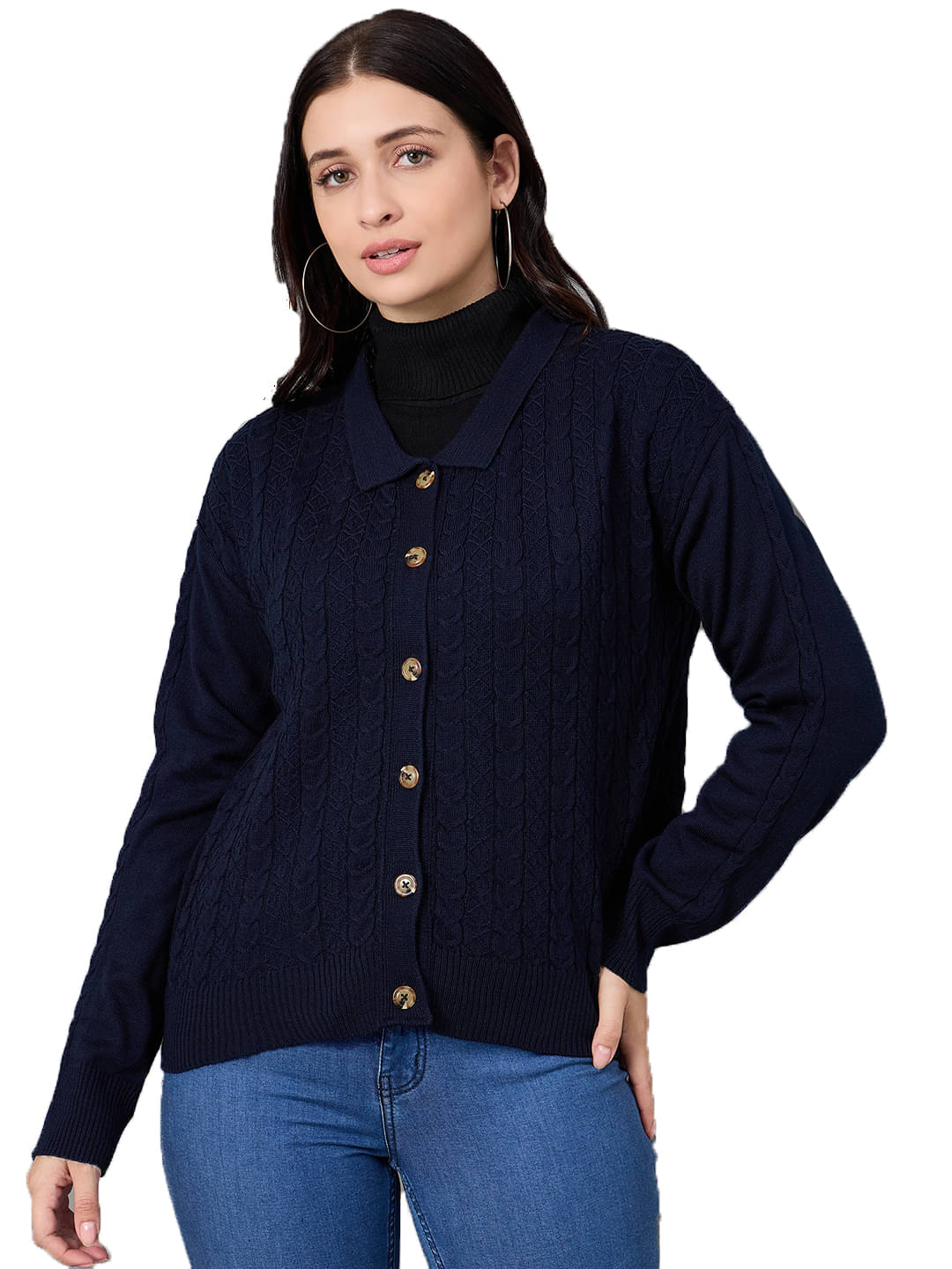 Club York Women Acrylic Polo Collar Cardigan ( Navy Blue ) Club York Women Acrylic Polo Collar Cardigan ( Navy Blue )