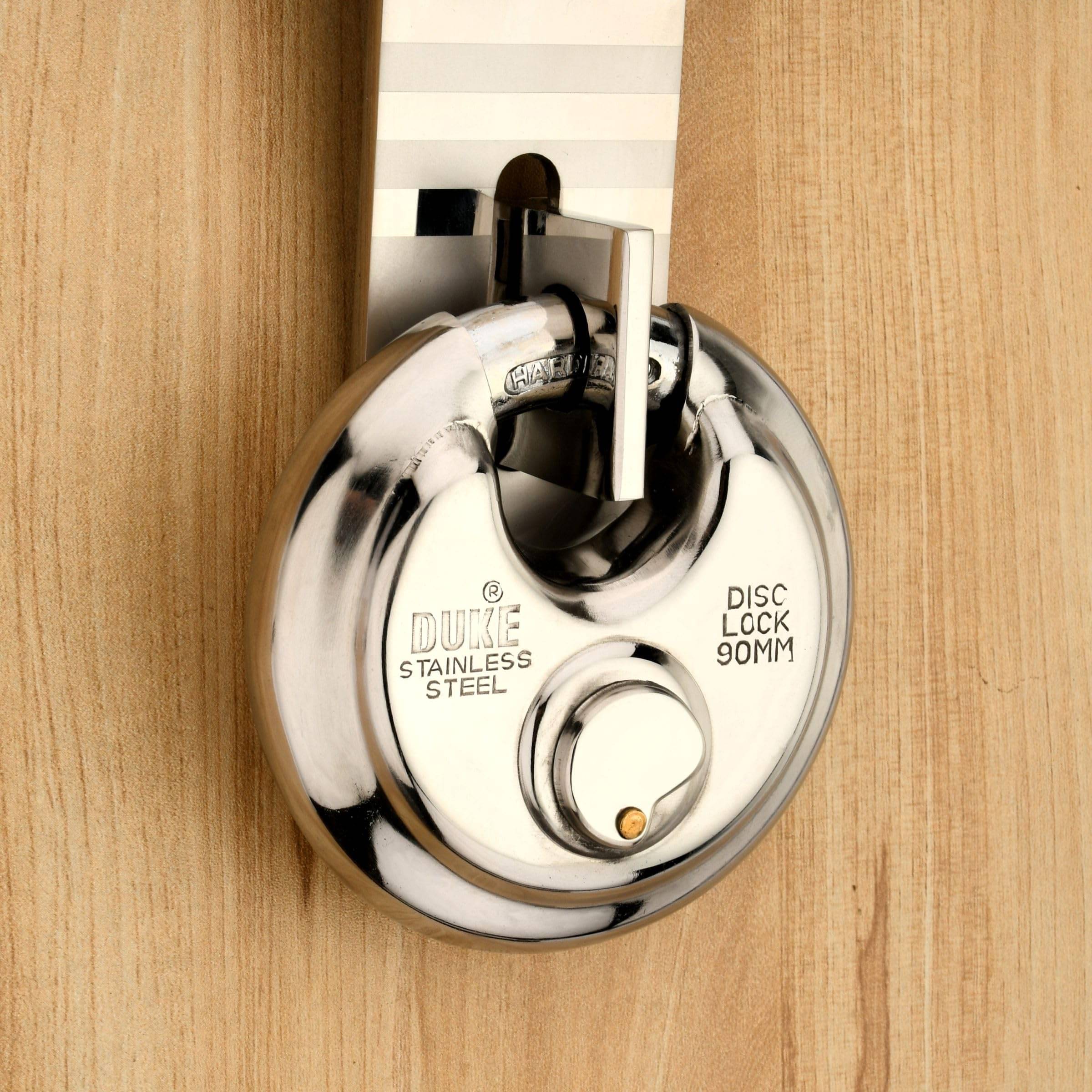 DUKE Disc Lock Ultra 90mm Big Size Full Stainless Steel (SS 304 Grade) Body 3 Brass Ultra Dimple Computerized Keys Hardened Shackle Round Shutter Lock | DUKE Disc Lock Ultra 90mm Big Size Full Stainless Steel (SS 304 Grade) Body 3 Brass Ultra Dimple Computerized Keys Hardened Shackle Round Shutter Lock |