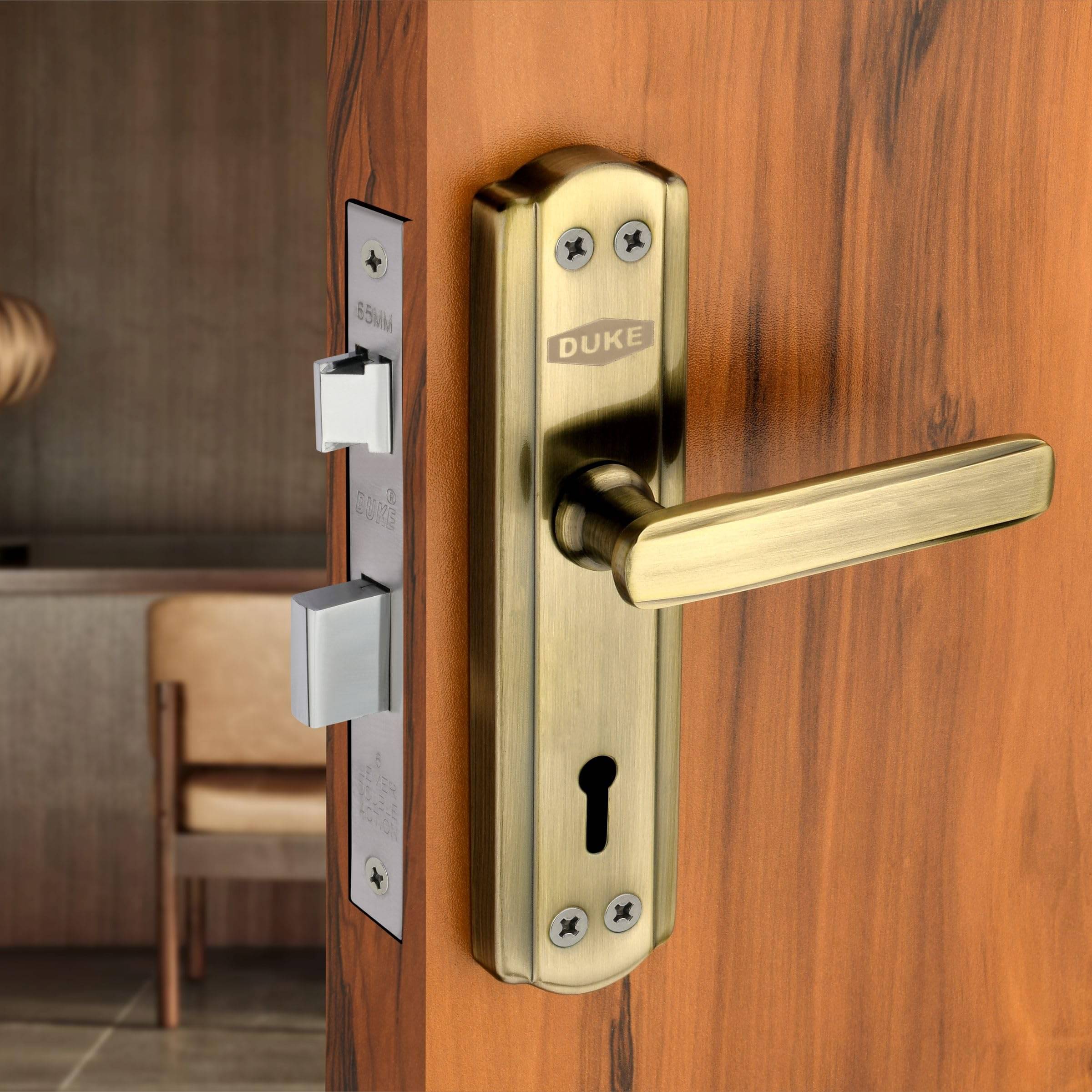     			Duke Antique Brass Finish Mortice 606 Complete Set Rust Proof and Corrosion Proof with 2 Handles 175mm, Brass Mortise Lock,3 CP Finish Keys, Screws & Spindle for Main Doors, Rooms, Hotel