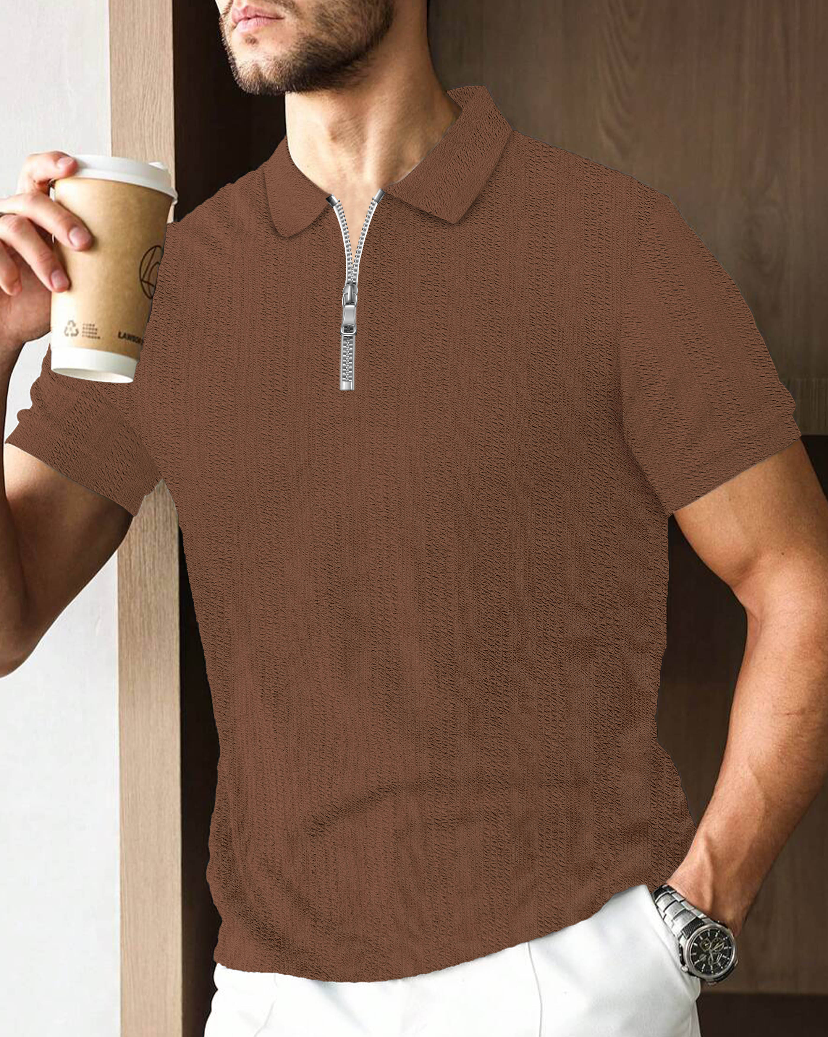 ENITOR Men Cotton Blend Regular Fit Self Design Polo T Shirt ( Brown ) ENITOR Men Cotton Blend Regular Fit Self Design Polo T Shirt ( Brown )