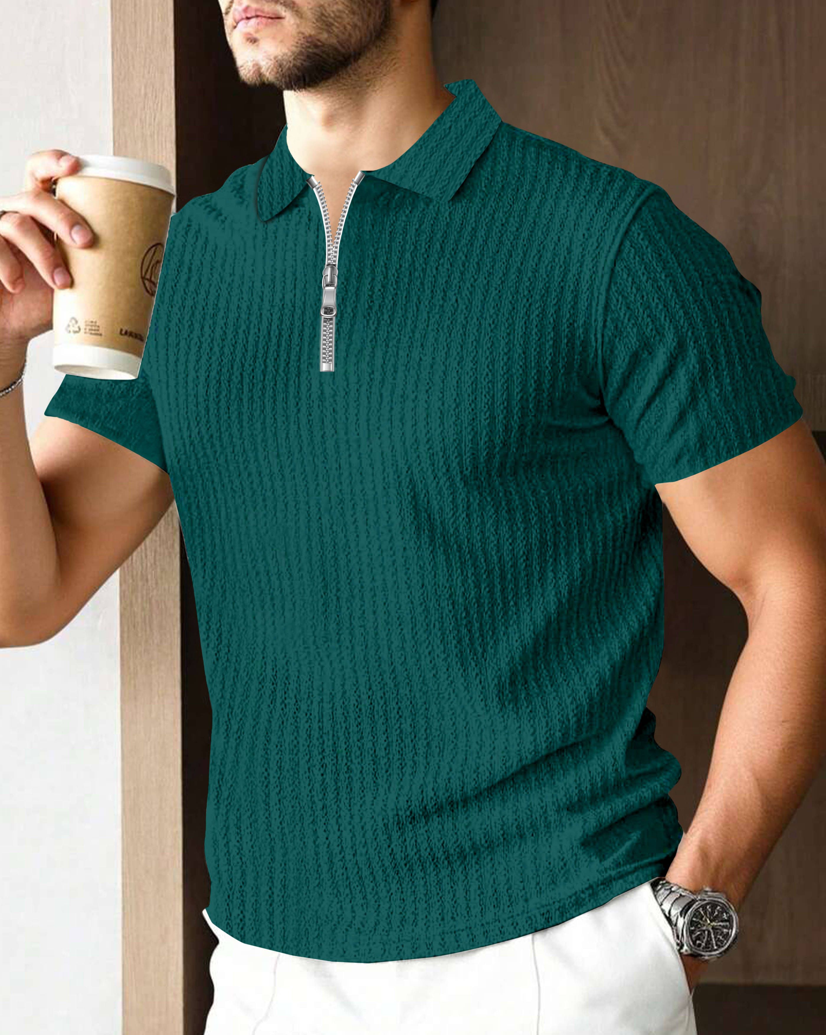 ENITOR Men Cotton Blend Regular Fit Self Design Polo T Shirt ( Green ) ENITOR Men Cotton Blend Regular Fit Self Design Polo T Shirt ( Green )