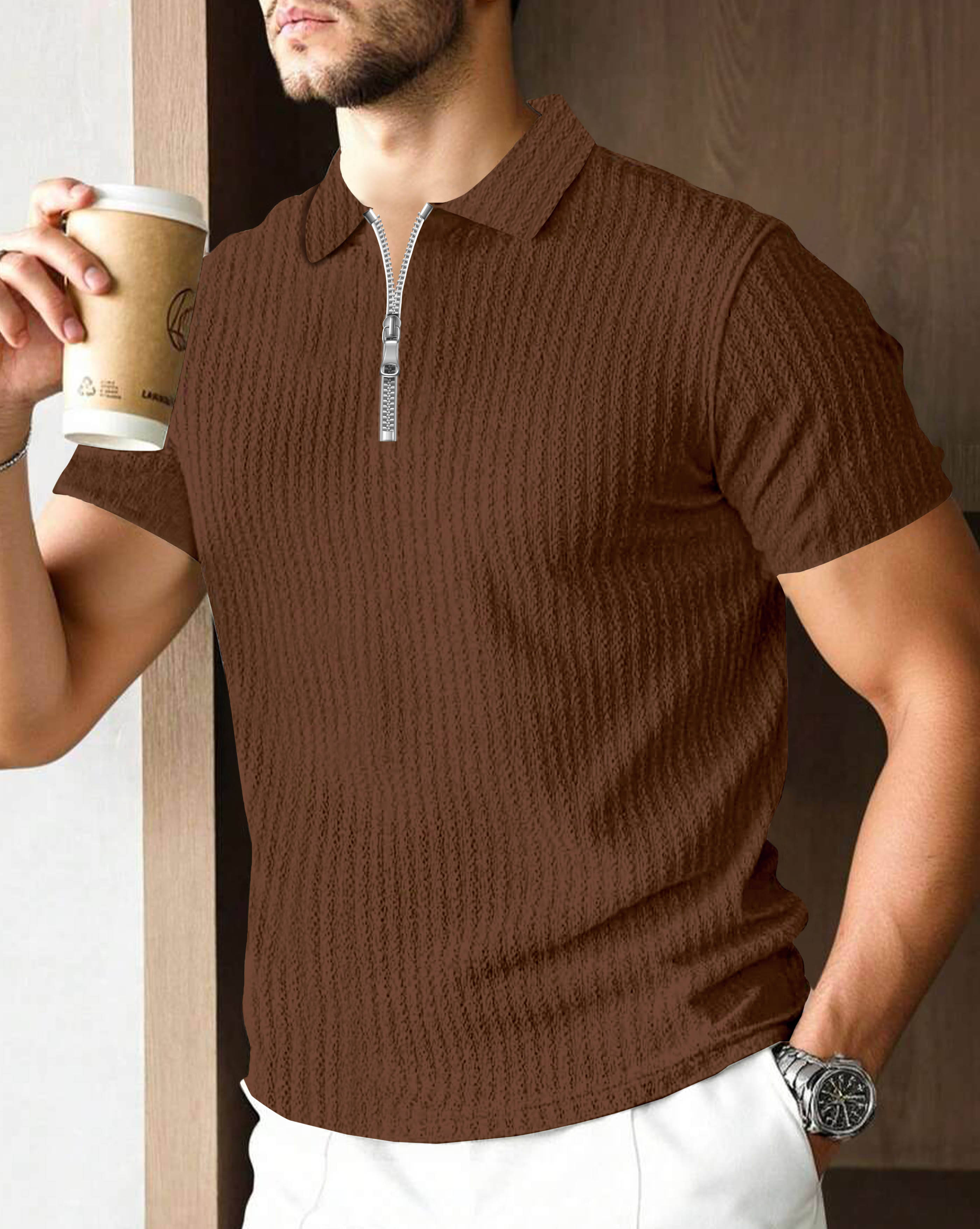 ENITOR Men Cotton Blend Regular Fit Self Design Polo T Shirt ( Brown ) ENITOR Men Cotton Blend Regular Fit Self Design Polo T Shirt ( Brown )