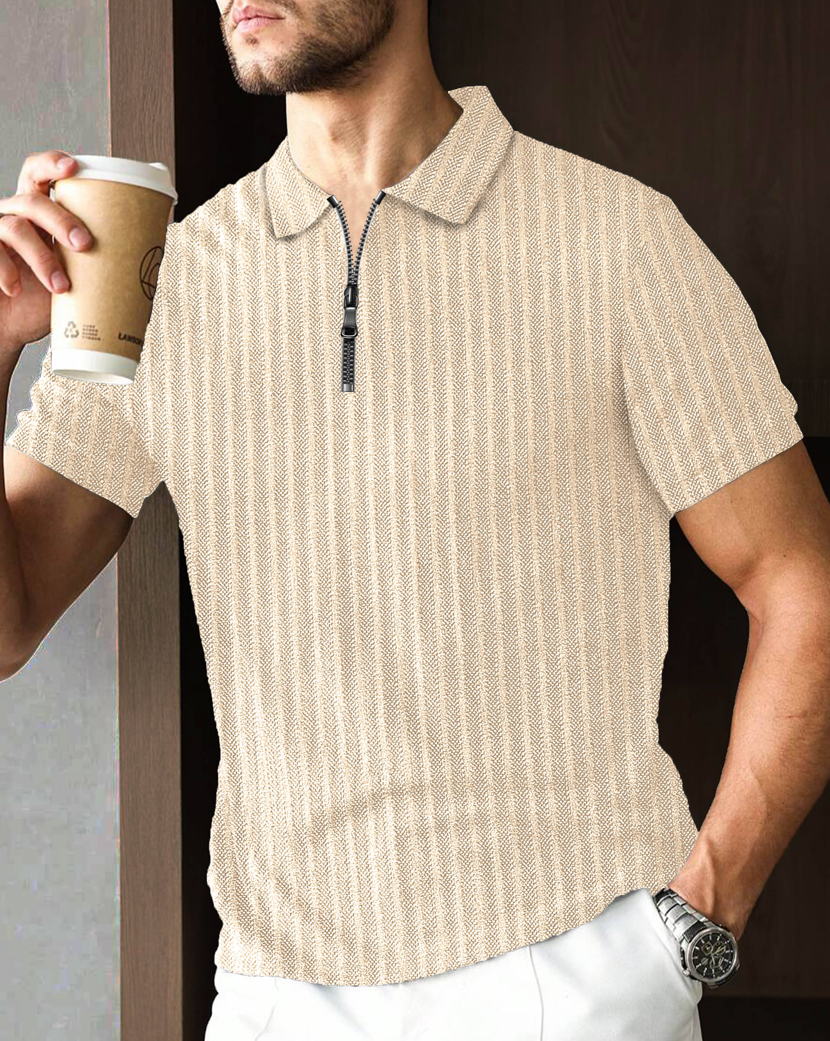 ENITOR Men Cotton Blend Regular Fit Self Design Polo T Shirt ( Beige ) ENITOR Men Cotton Blend Regular Fit Self Design Polo T Shirt ( Beige )