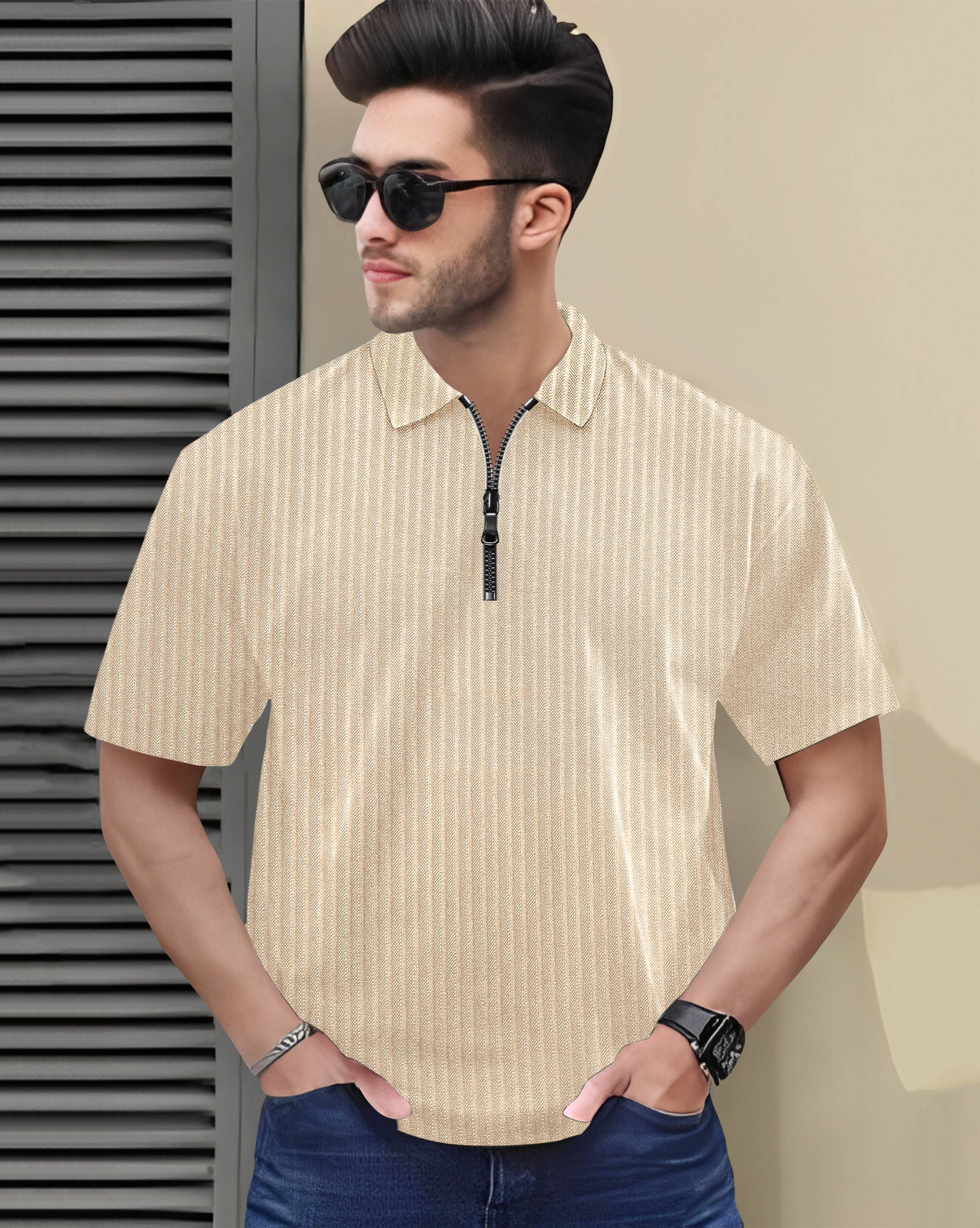 ENITOR Men Cotton Blend Regular Fit Self Design Polo T Shirt ( Beige ) ENITOR Men Cotton Blend Regular Fit Self Design Polo T Shirt ( Beige )