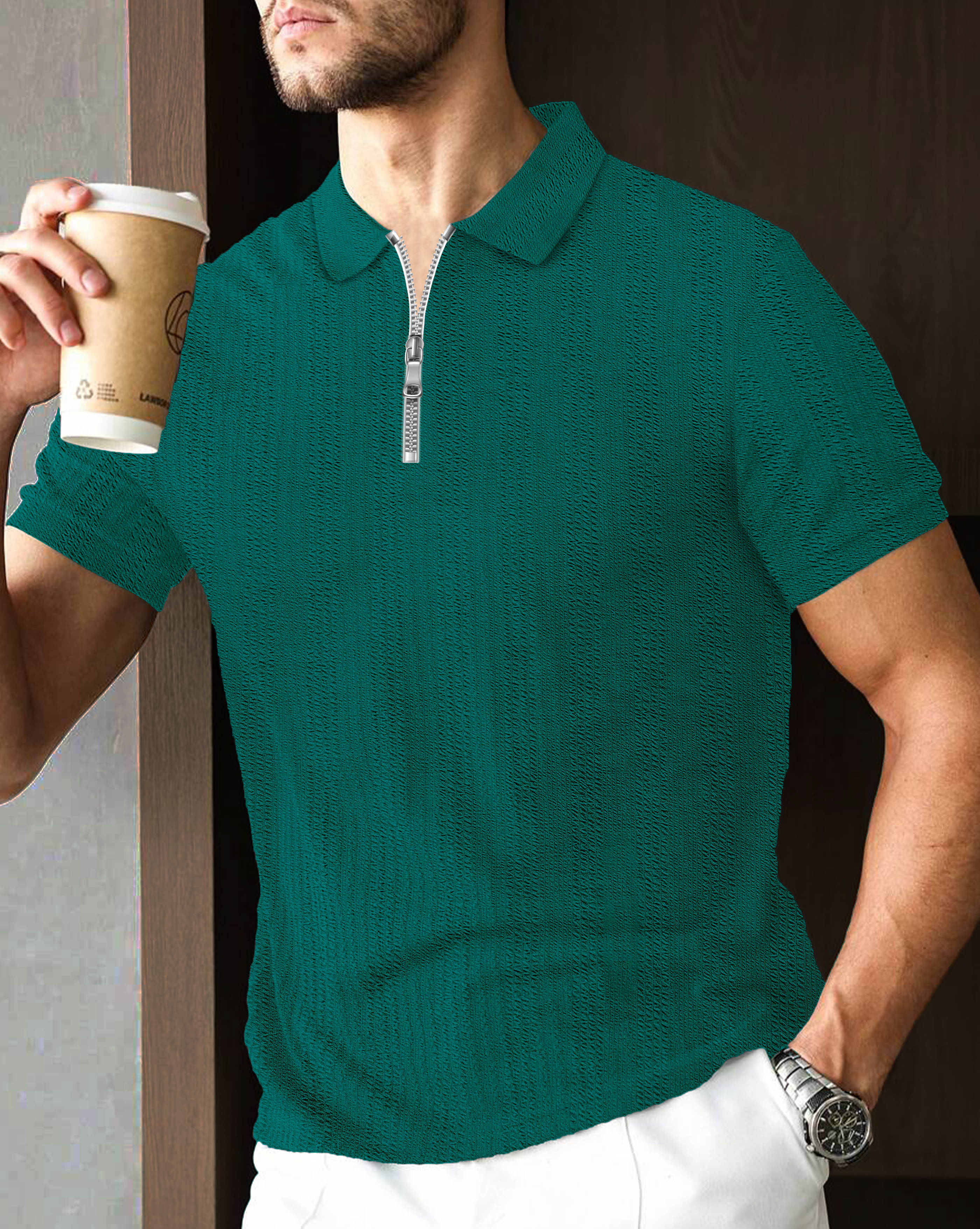     			ENITOR Men Cotton Blend Regular Fit Self Design Polo T Shirt ( Green )