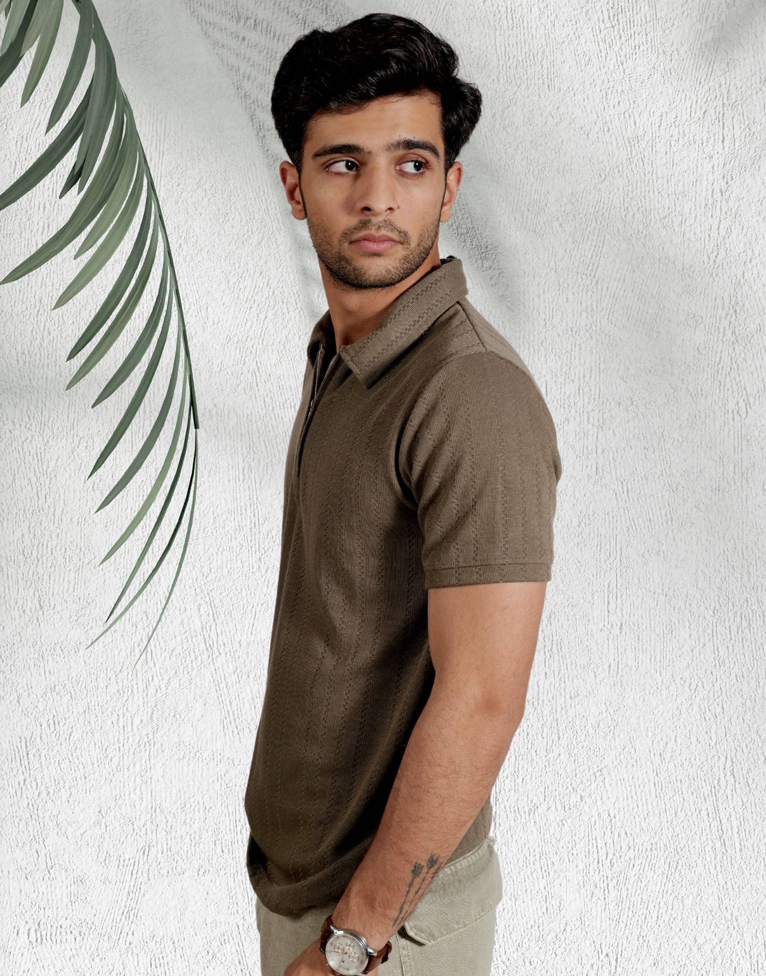 LYNX Men Cotton Relaxed Fit Self Design T-Shirt ( Brown ) LYNX Men Cotton Relaxed Fit Self Design T-Shirt ( Brown )
