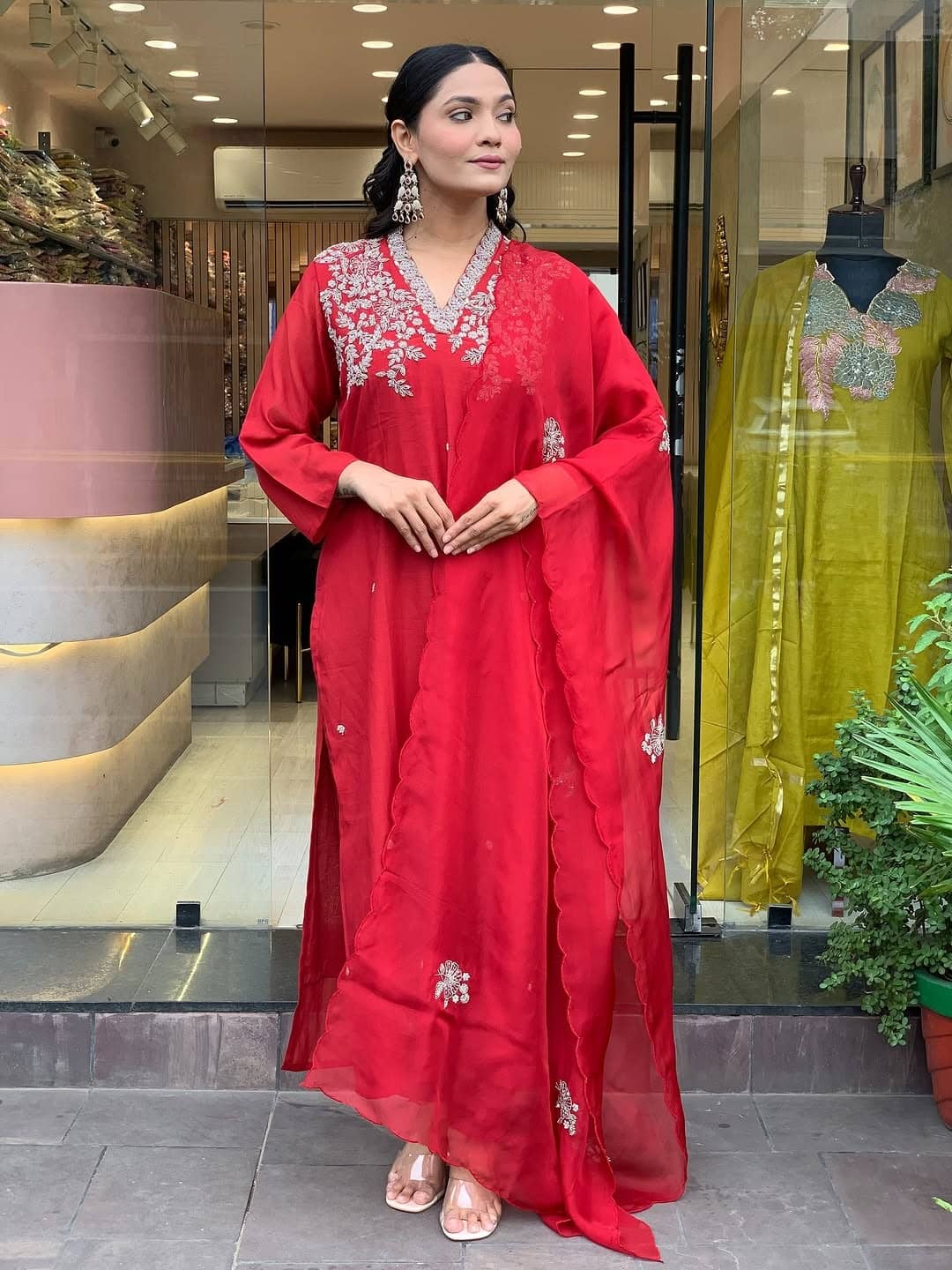 MEHZEEL FAB Women Silk Embroidered Straight Kurti With Pants ( Red )