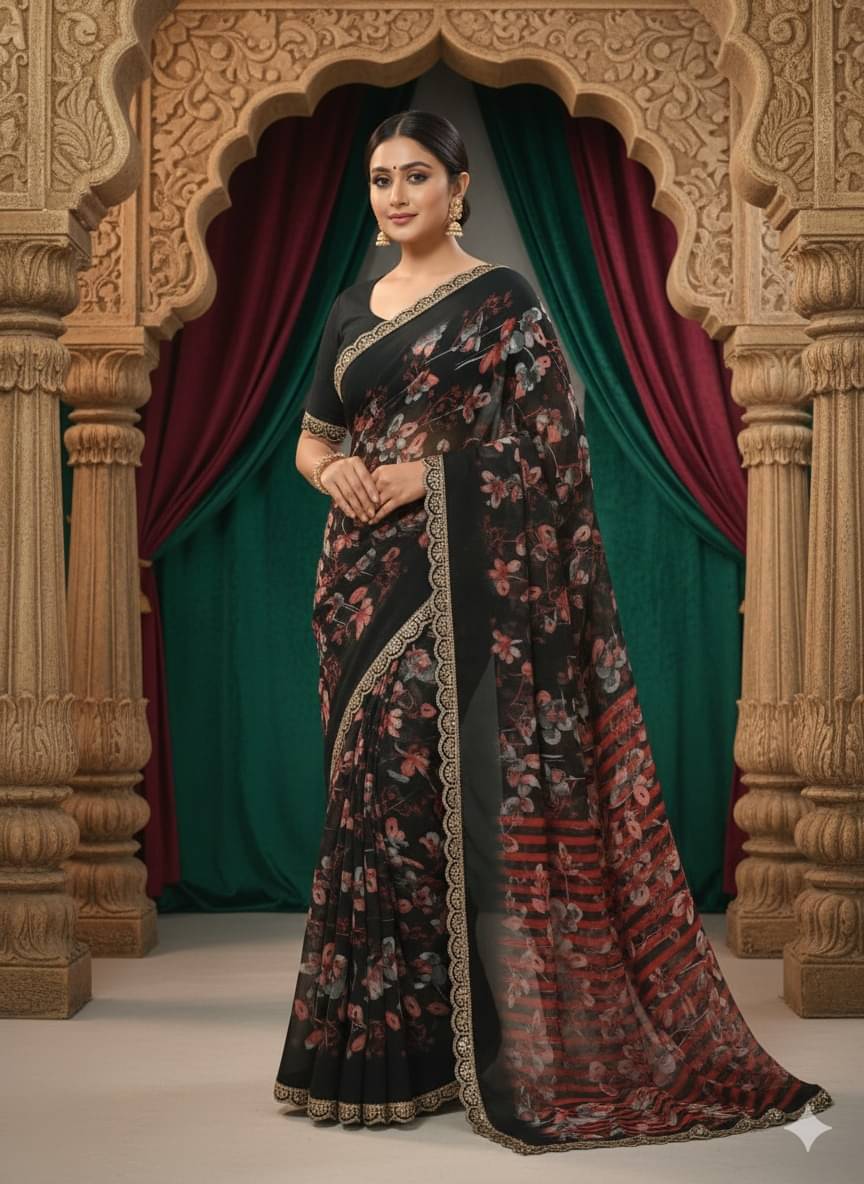 PARVANYA FASHION HUB Georgette Printed Regular Saree With Unstitched Blouse Piece ( Black ) PARVANYA FASHION HUB Georgette Printed Regular Saree With Unstitched Blouse Piece ( Black )