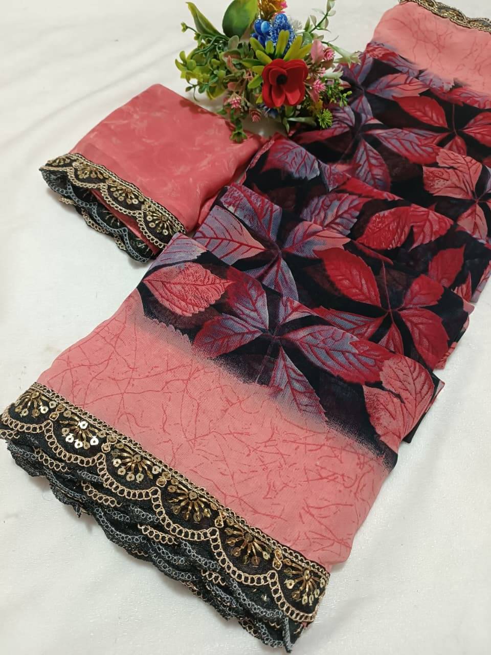 PARVANYA FASHION HUB Georgette Printed Regular Saree With Unstitched Blouse Piece ( Peach ) PARVANYA FASHION HUB Georgette Printed Regular Saree With Unstitched Blouse Piece ( Peach )