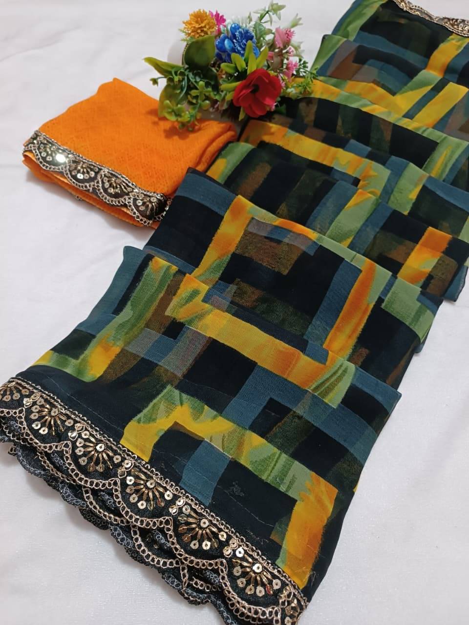 PARVANYA FASHION HUB Georgette Printed Regular Saree With Unstitched Blouse Piece ( Yellow ) PARVANYA FASHION HUB Georgette Printed Regular Saree With Unstitched Blouse Piece ( Yellow )