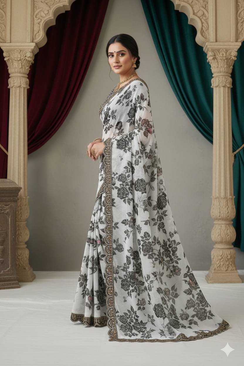     			PARVANYA FASHION HUB Georgette Printed Regular Saree With Unstitched Blouse Piece ( Off White )