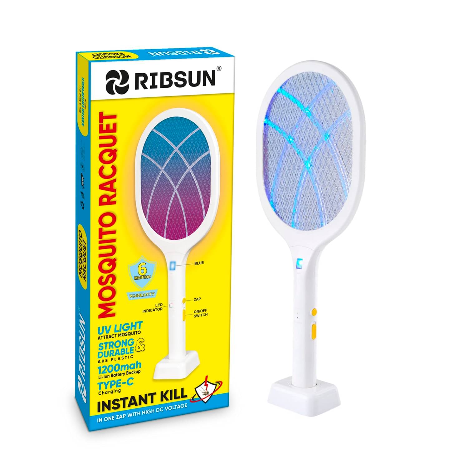     			RIBSUN 2 in 1 UV Light Mosquito Racquet Electric with Base Stand, USB Type-C Charging Electric Insect Killer Indoor  (Bat)