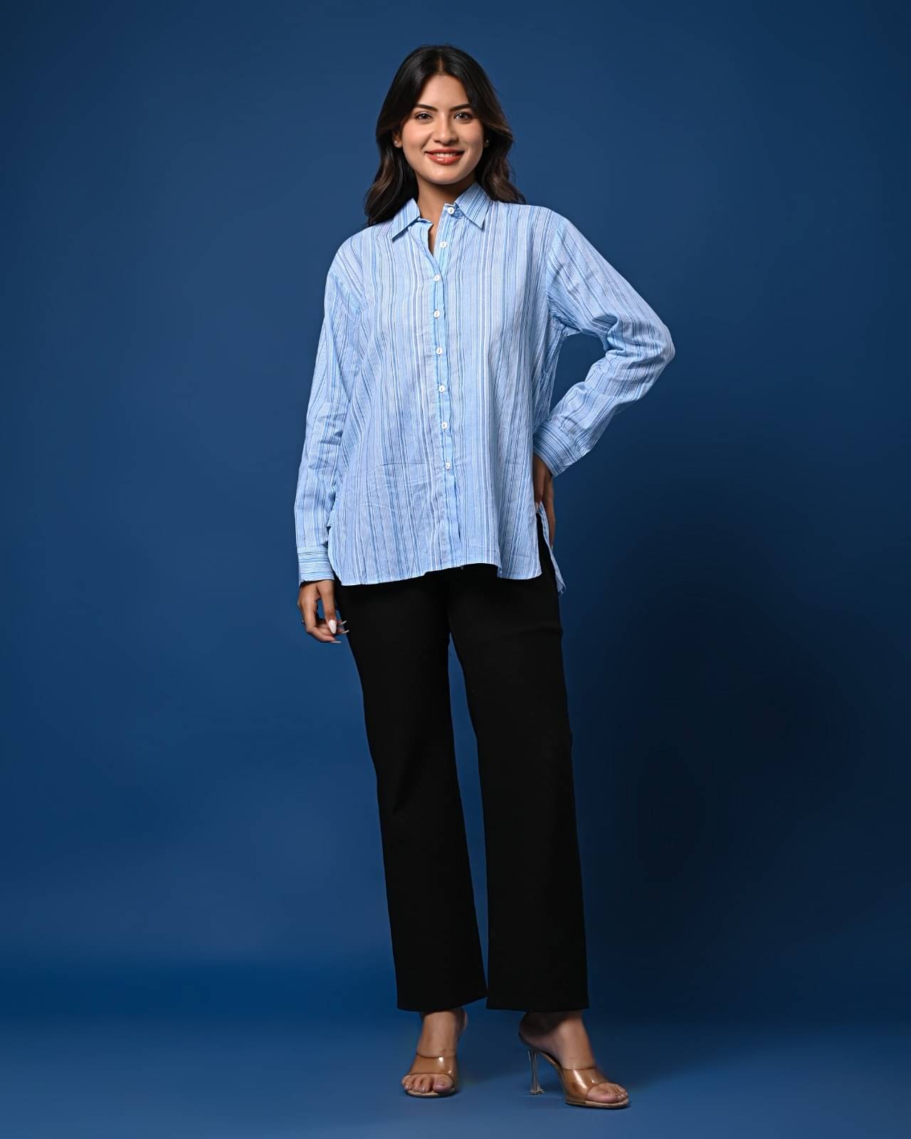 SEREN MILANO Women Striped Cotton Shirt ( Blue ) SEREN MILANO Women Striped Cotton Shirt ( Blue )