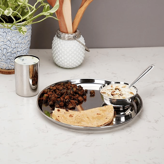 STEEPLE Plain Stainless Steel Dinner Set ( Pack of 4 ) Silver     			STEEPLE Plain Stainless Steel Dinner Set ( Pack of 4 ) Silver