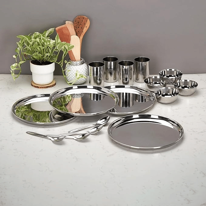 STEEPLE Plain Stainless Steel Dinner Set ( Pack of 16 ) Silver STEEPLE Plain Stainless Steel Dinner Set ( Pack of 16 ) Silver