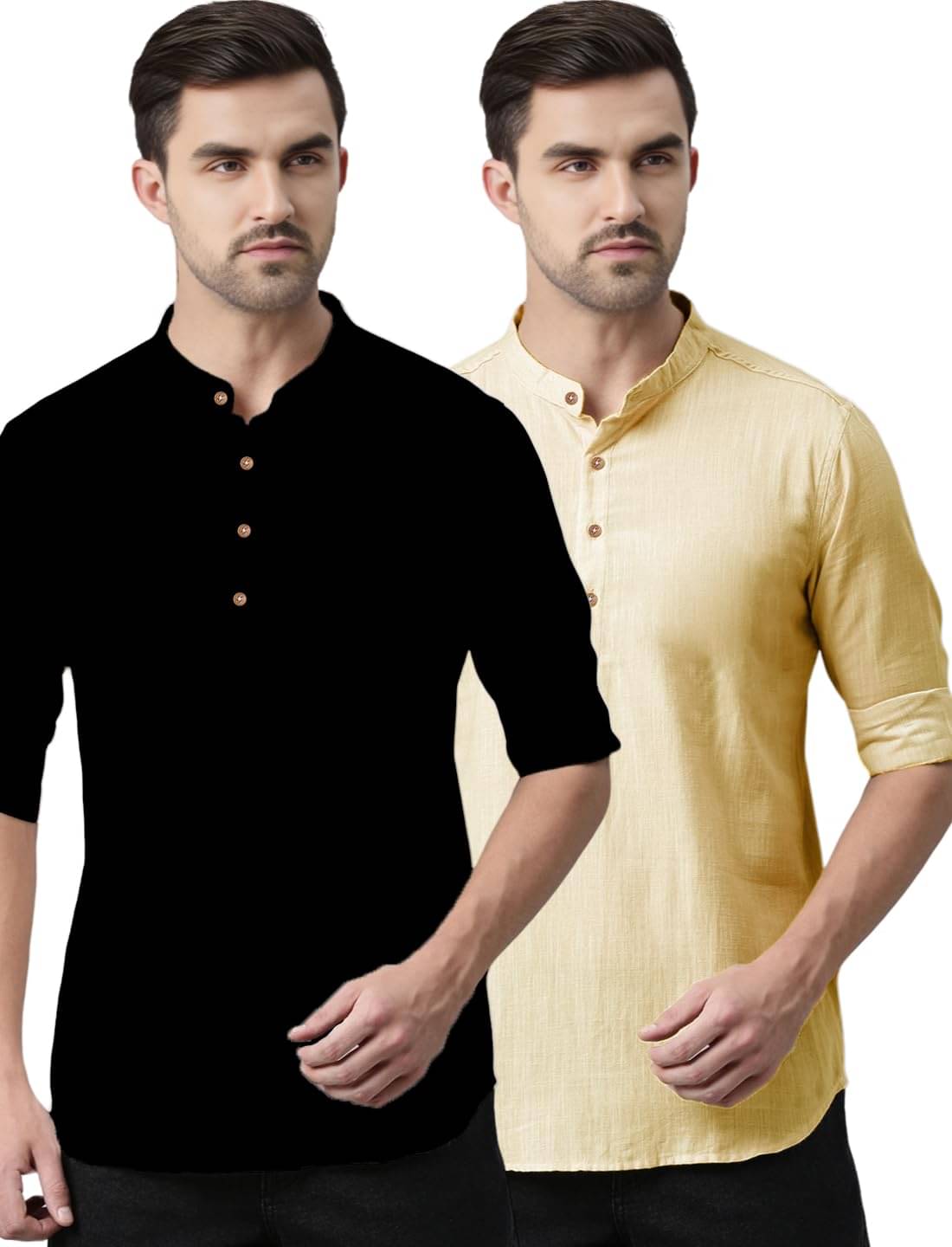 Vashuqi Beige Cotton Blend Men's Shirt Style Kurta ( Pack of 2 )     			Vashuqi Beige Cotton Blend Men's Shirt Style Kurta ( Pack of 2 )